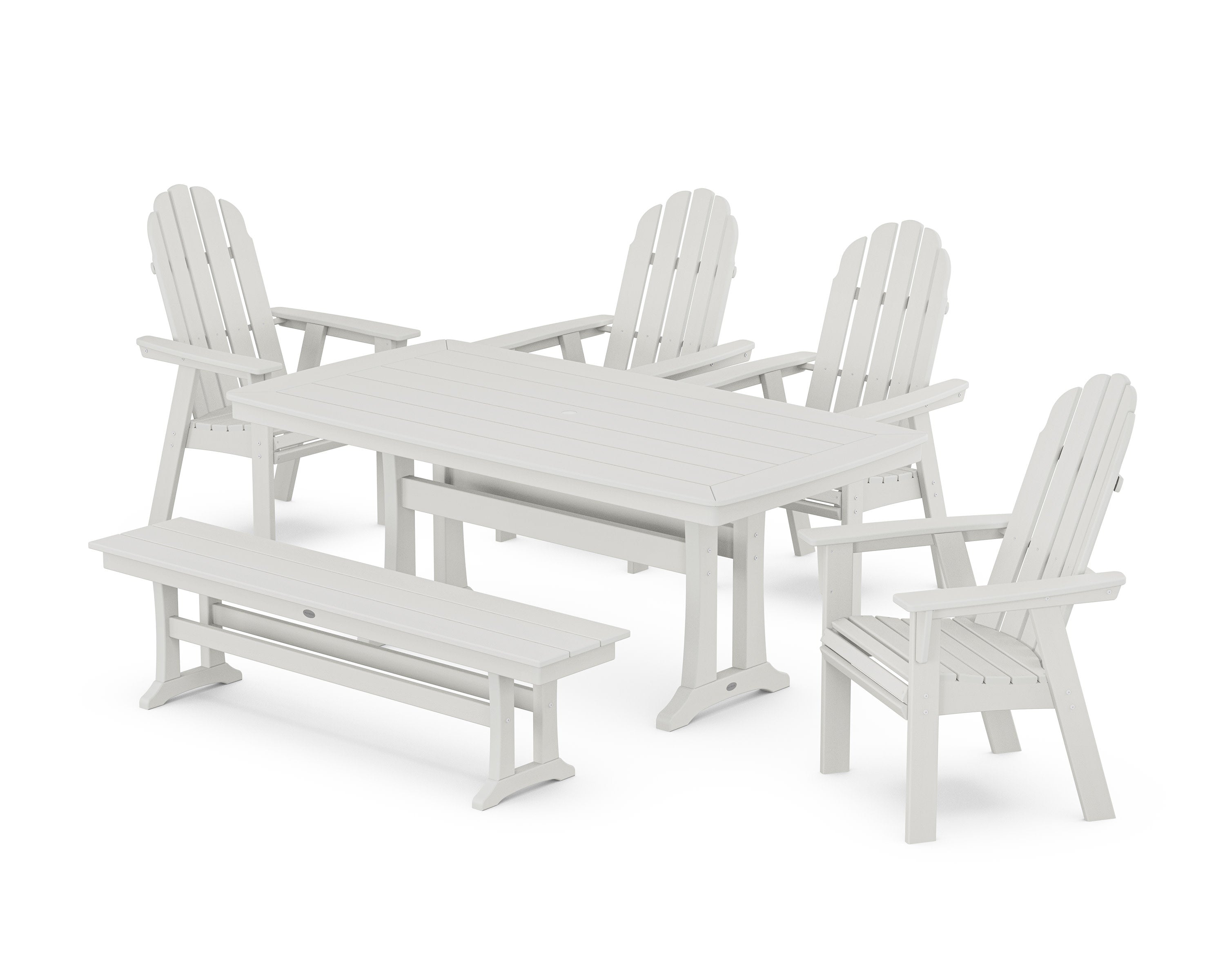 Vineyard Curveback Adirondack Chair 6-Piece Dining Set with Trestle Legs and Bench in Vintage White