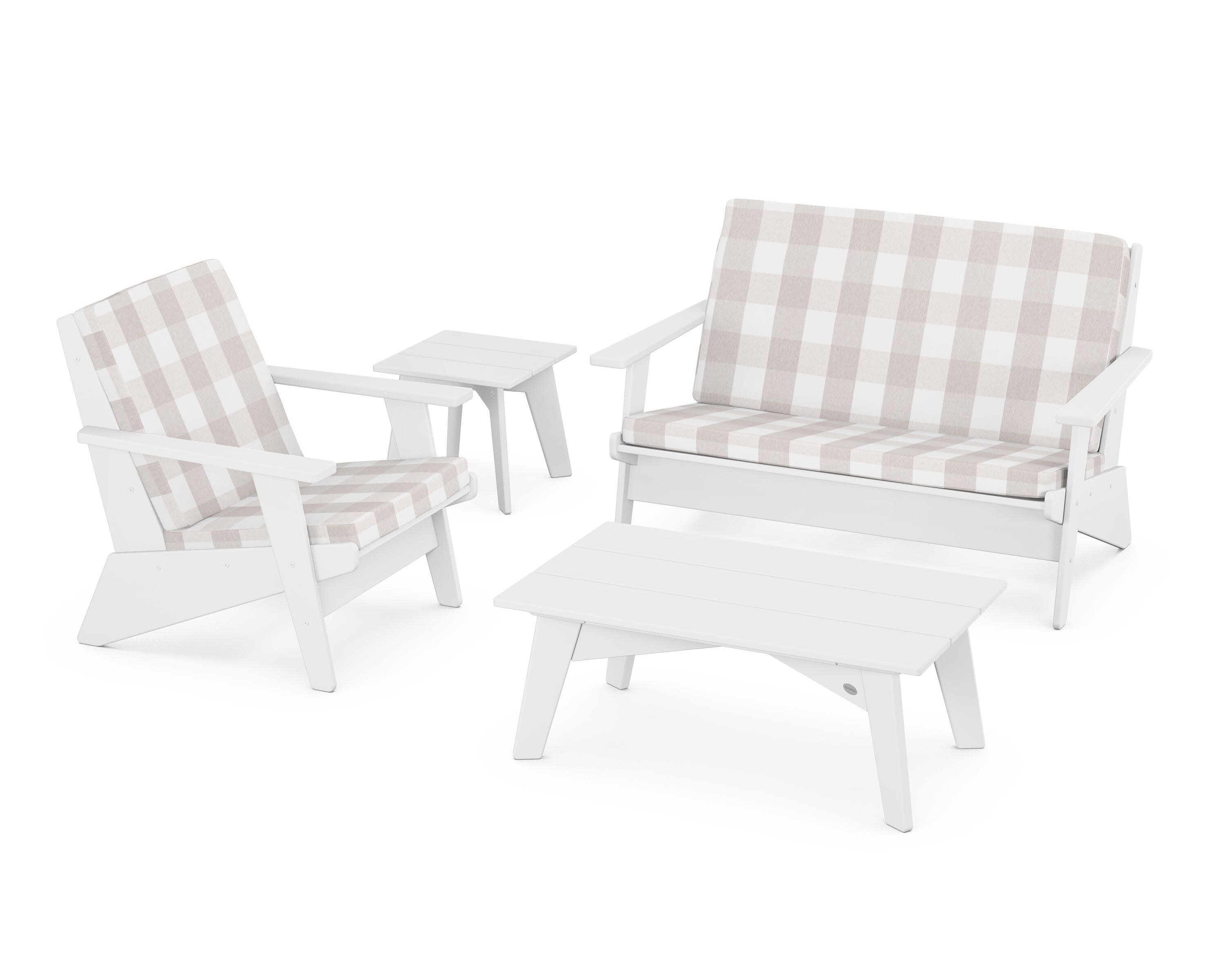 Riviera Modern Lounge 4-Piece Set in White / Buffalo Plaid Dune Burlap