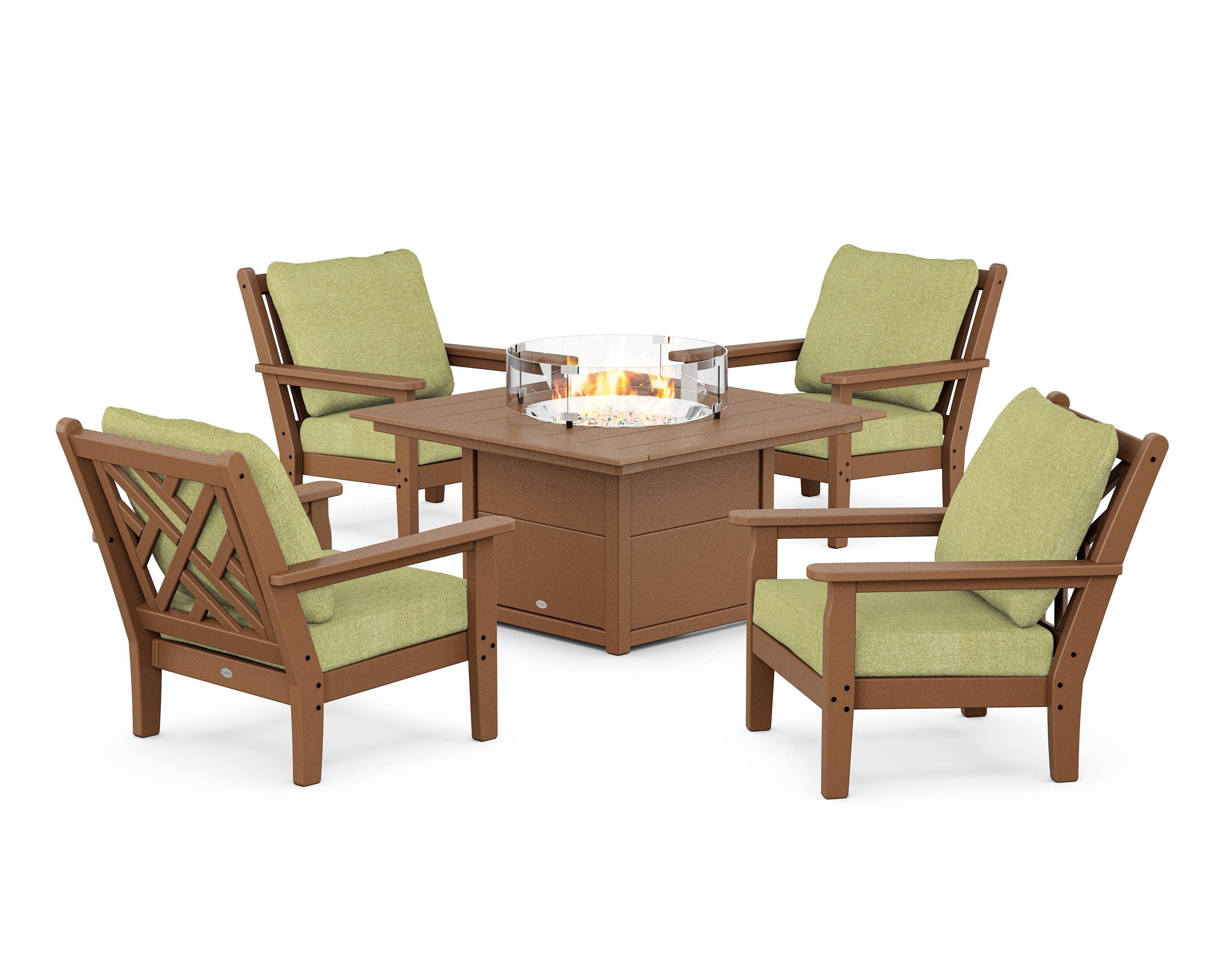 Chippendale 5-Piece Deep Seating Set with Fire Pit Table in Teak / Chartreuse Boucle