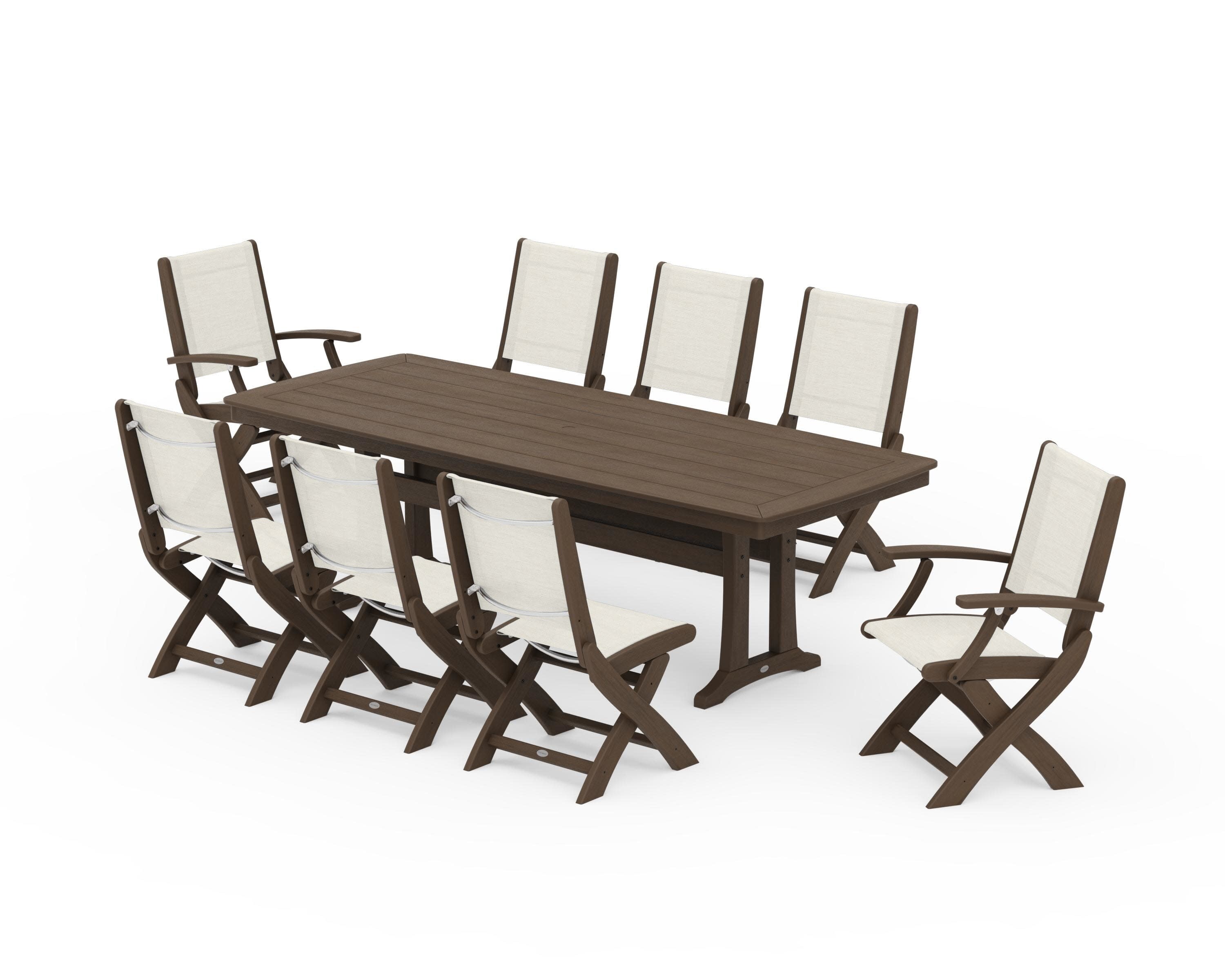 Coastal Folding 9-Piece Dining Set with Trestle Legs in Kona / Parchment Sling