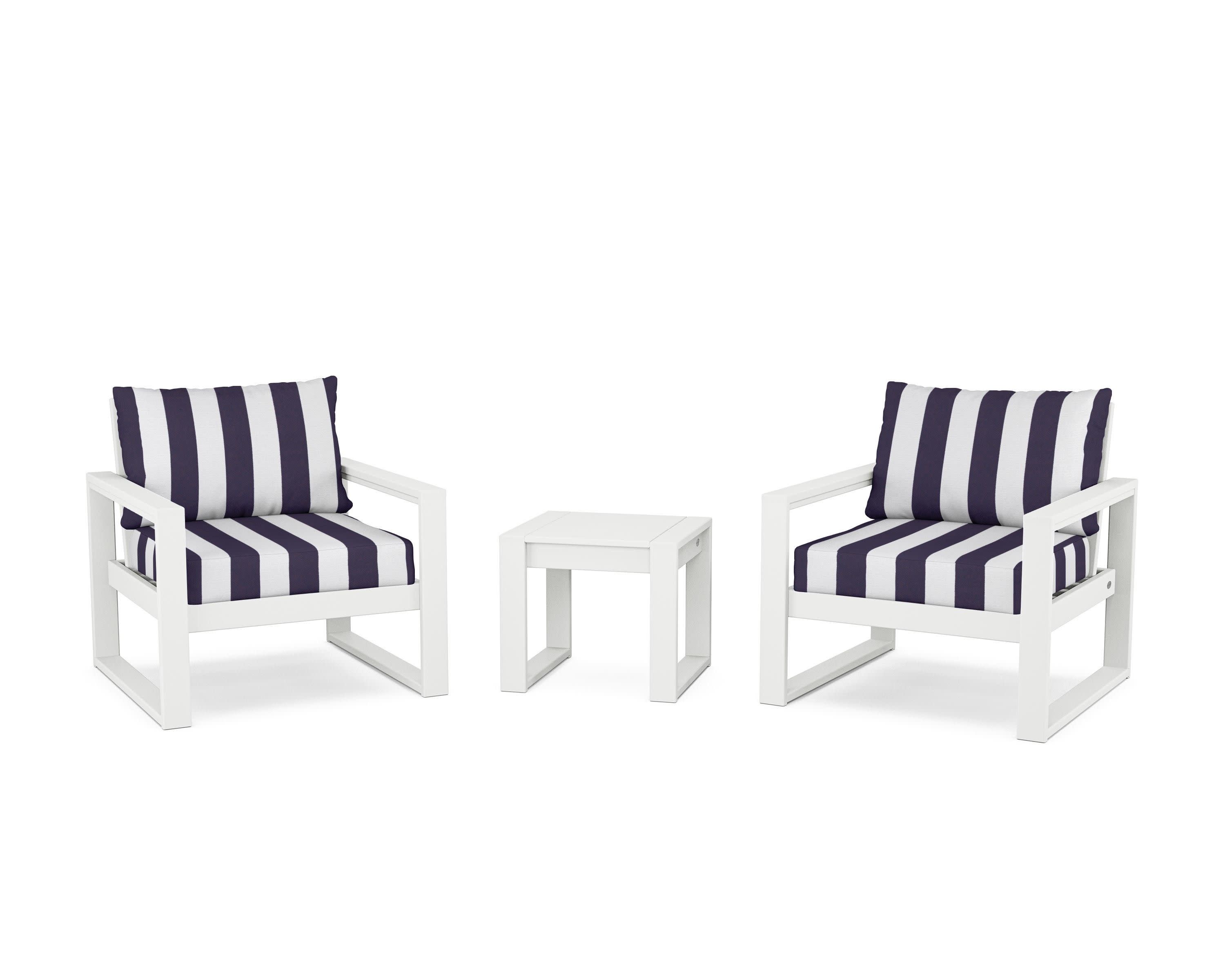 EDGE Sectional 3-Piece Deep Seating Set in White / Cabana Stripe Navy