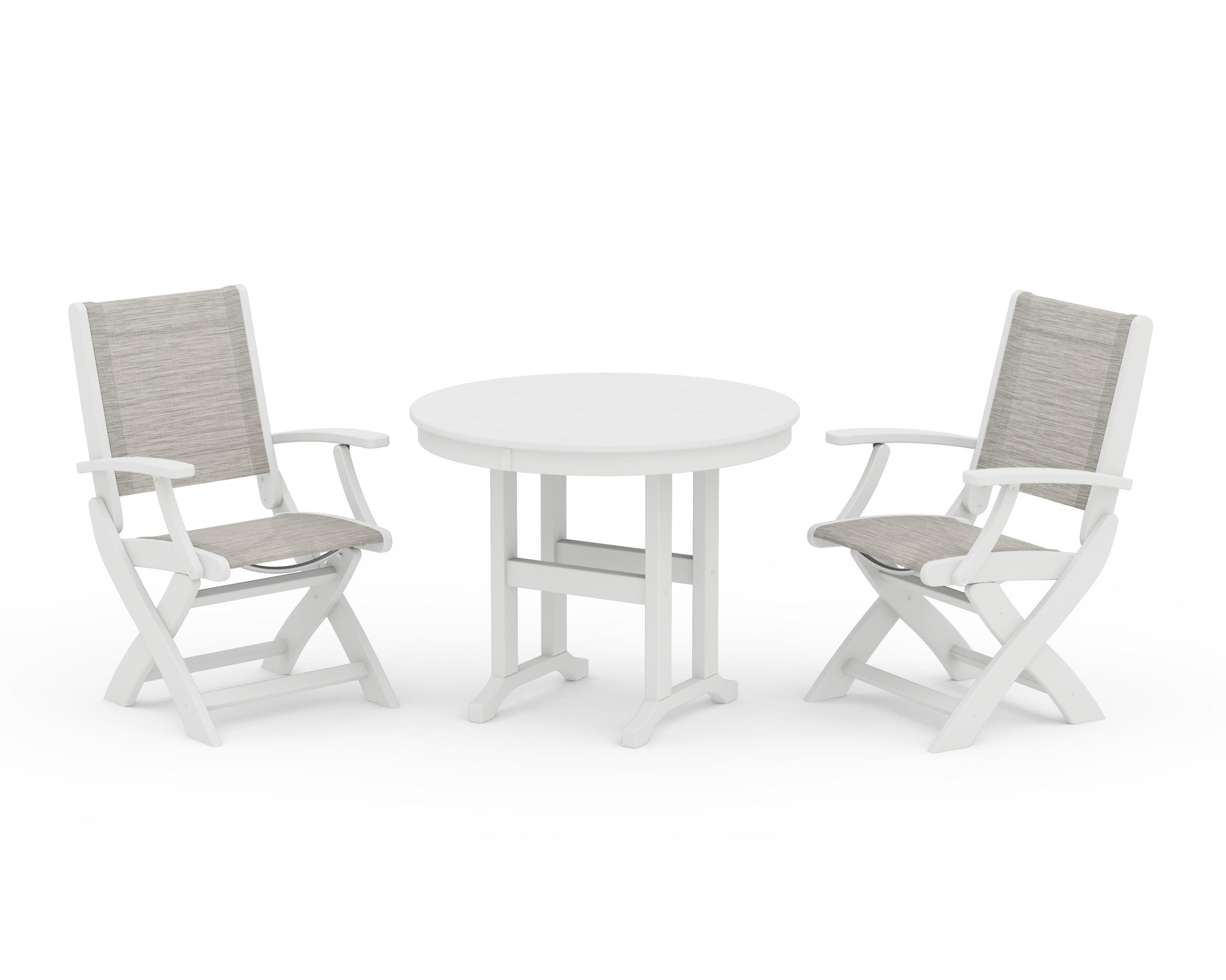 Coastal Folding Chair 3-Piece Round Dining Set in White / Birch Sling