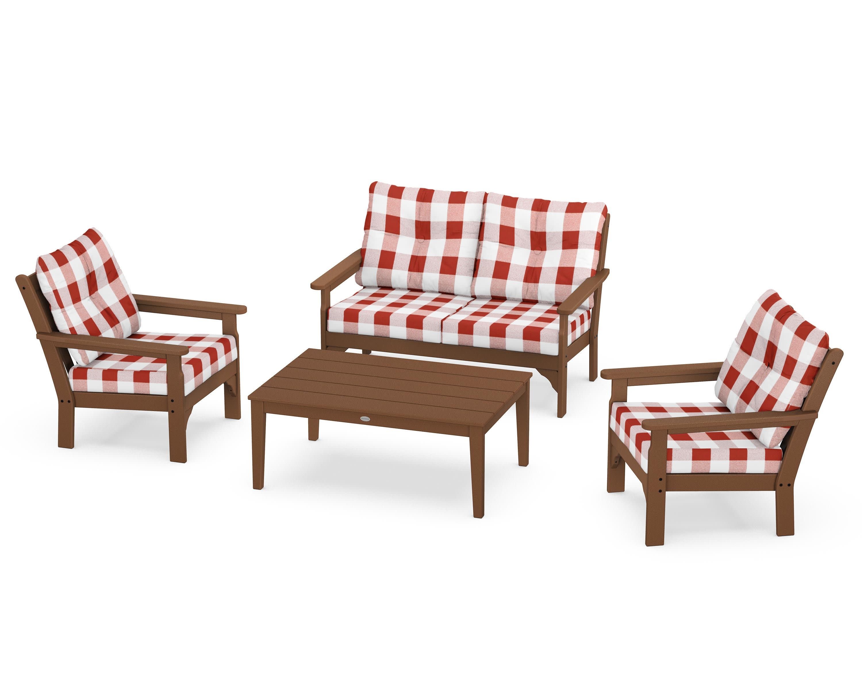 Vineyard 4-Piece Deep Seating Set in Teak / Buffalo Plaid Crimson