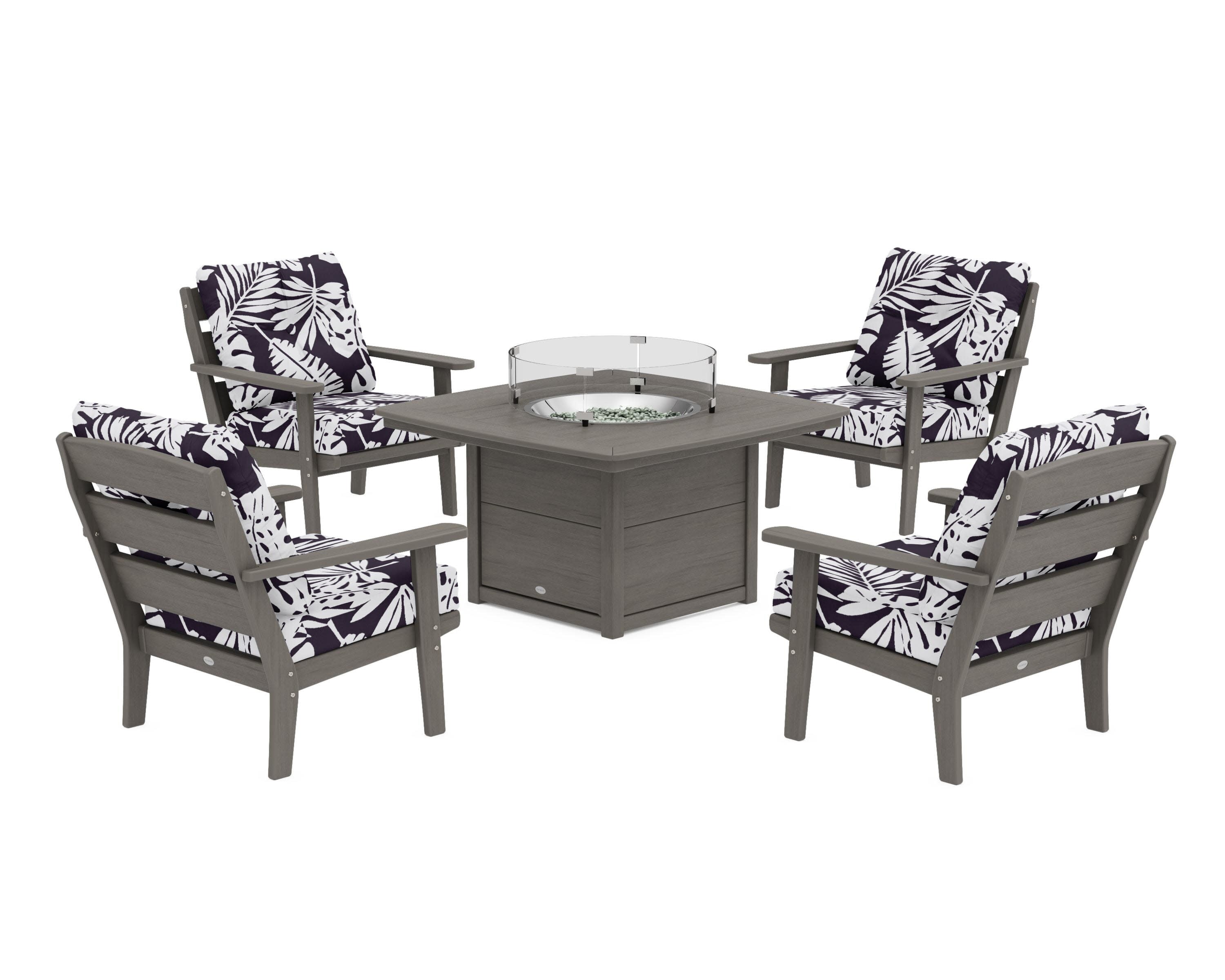 Lakeside 5-Piece Deep Seating Set with Nautical Fire Pit Table in Driftwood / Leaf Navy