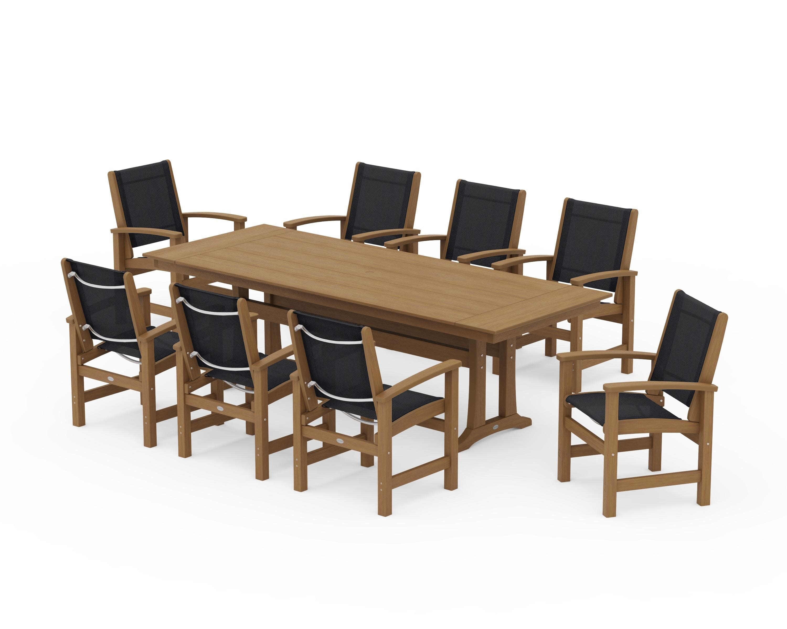 Coastal 9-Piece Farmhouse Dining Set with Trestle Legs in Natural / Black Sling