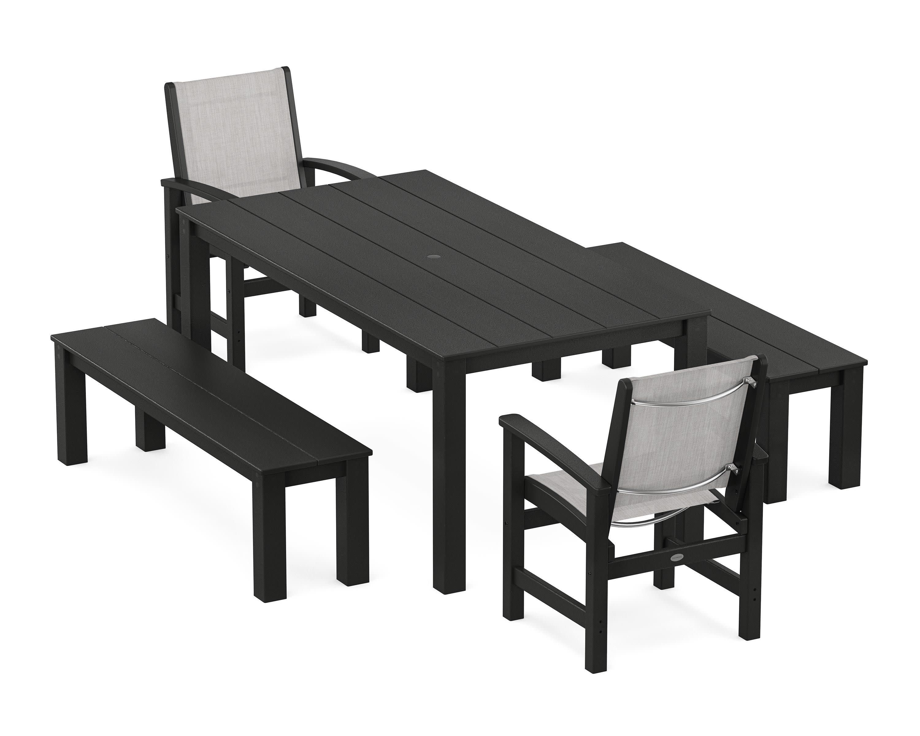 Coastal 5-Piece Parsons Dining Set with Benches in Black / Parchment Sling