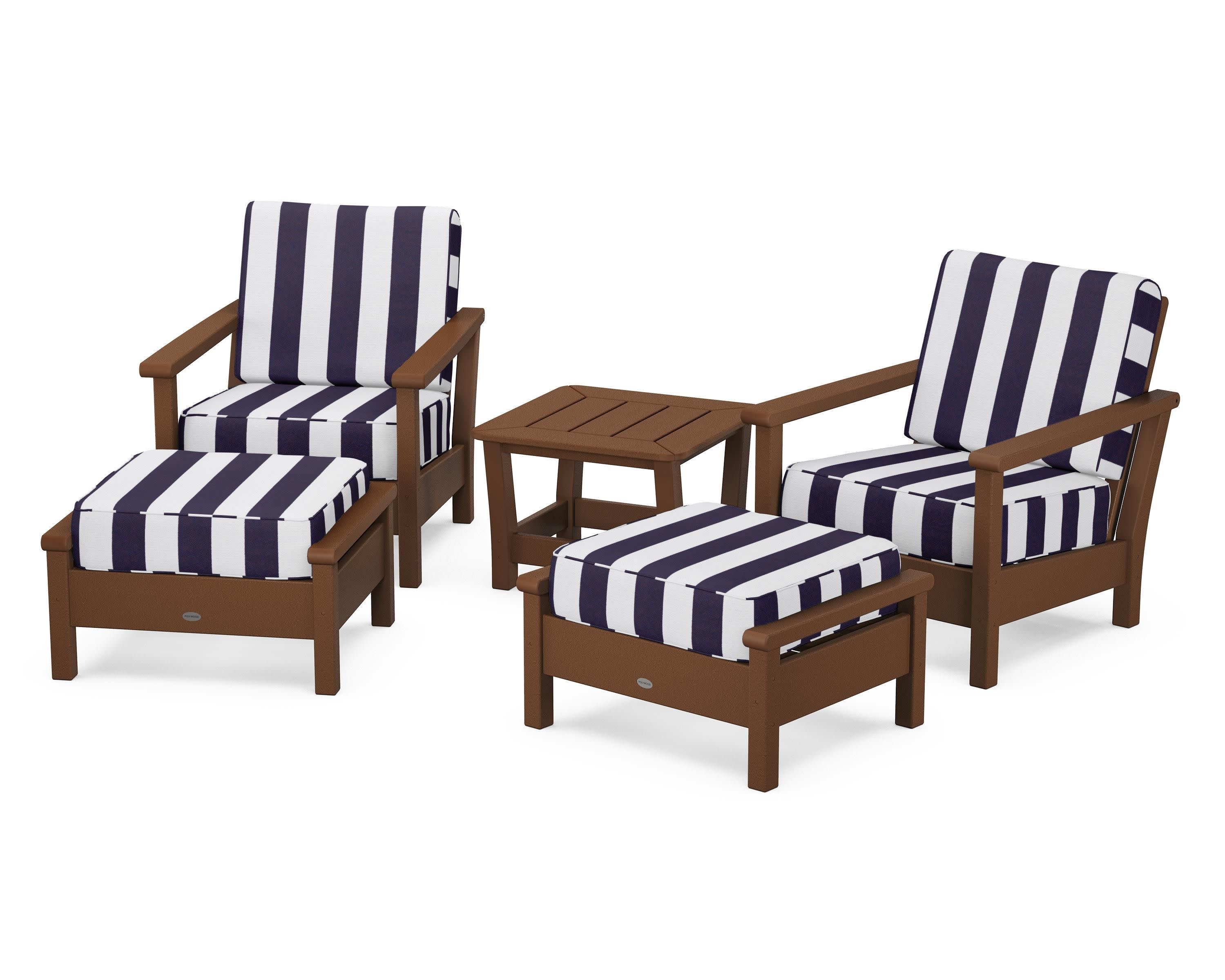 Harbour 5-Piece Deep Seating Chair Set in Teak / Cabana Stripe Navy