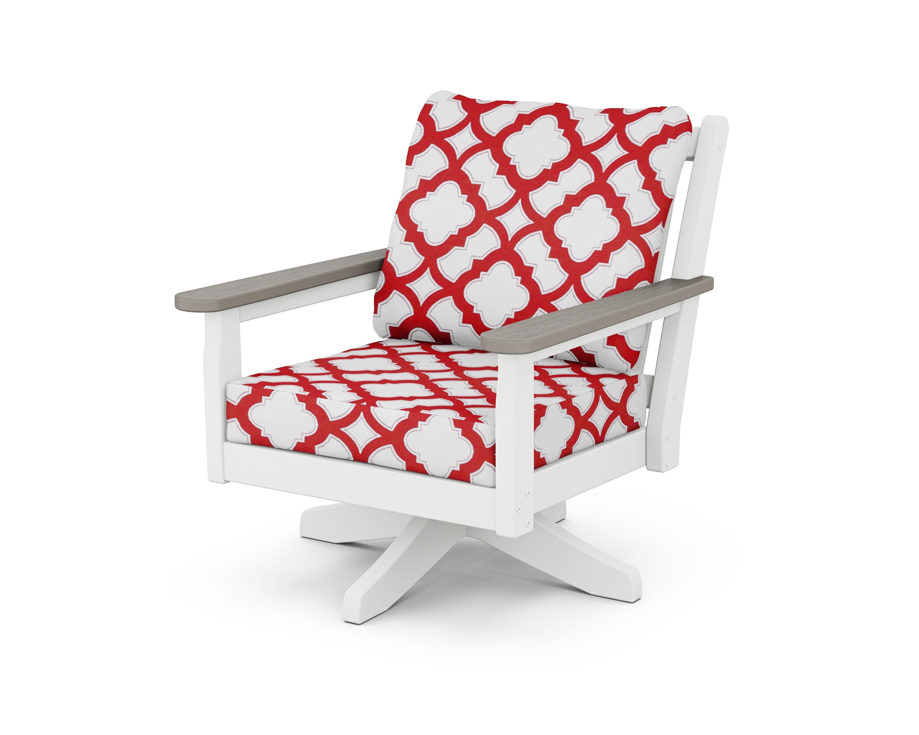 Chippendale Deep Seating Swivel Chair in White / Driftwood / Trellis Crimson