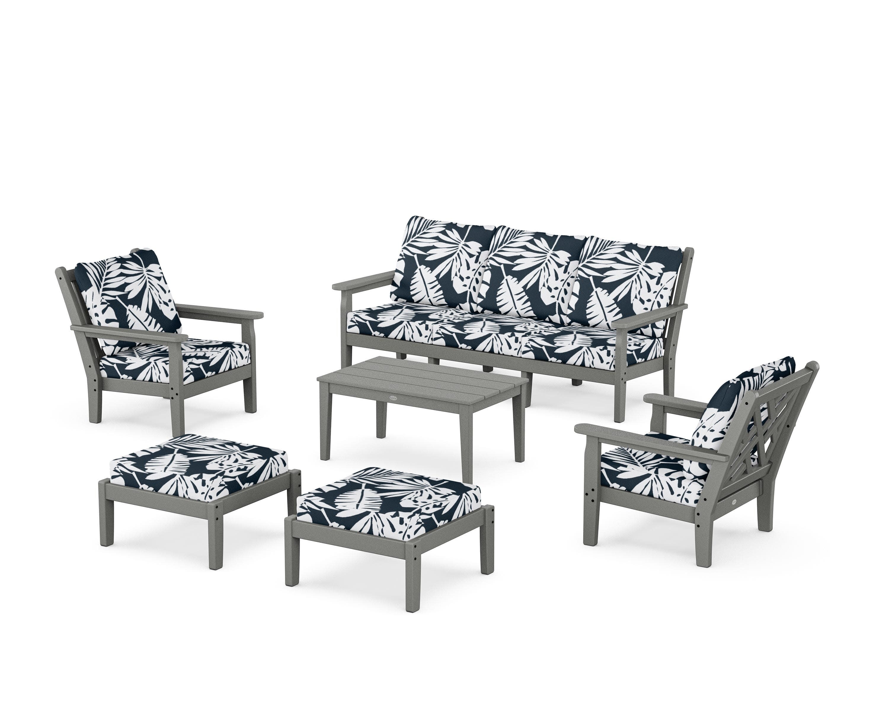 Chippendale 6-Piece Lounge Sofa Set in Slate Grey / Leaf Marine Indigo