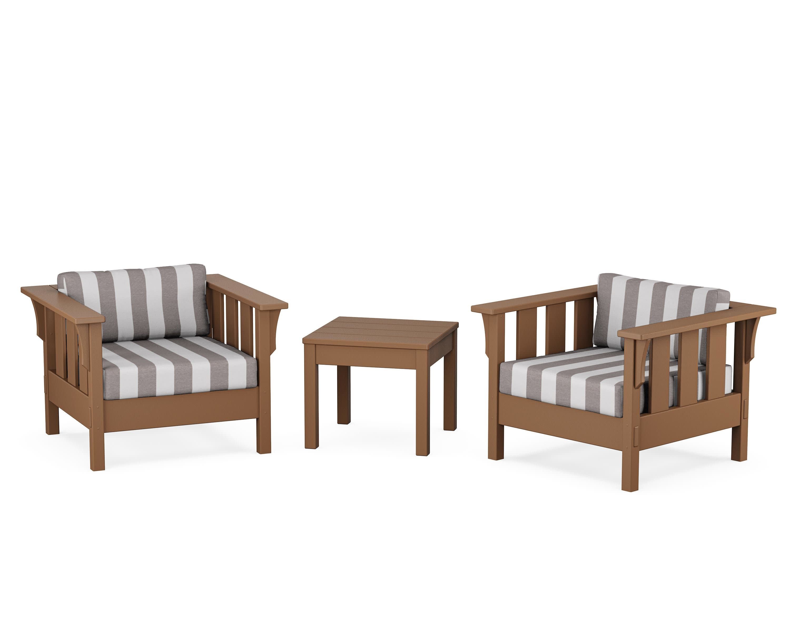Acadia 3-Piece Deep Seating Set in Teak / Cabana Stripe Grey Mist