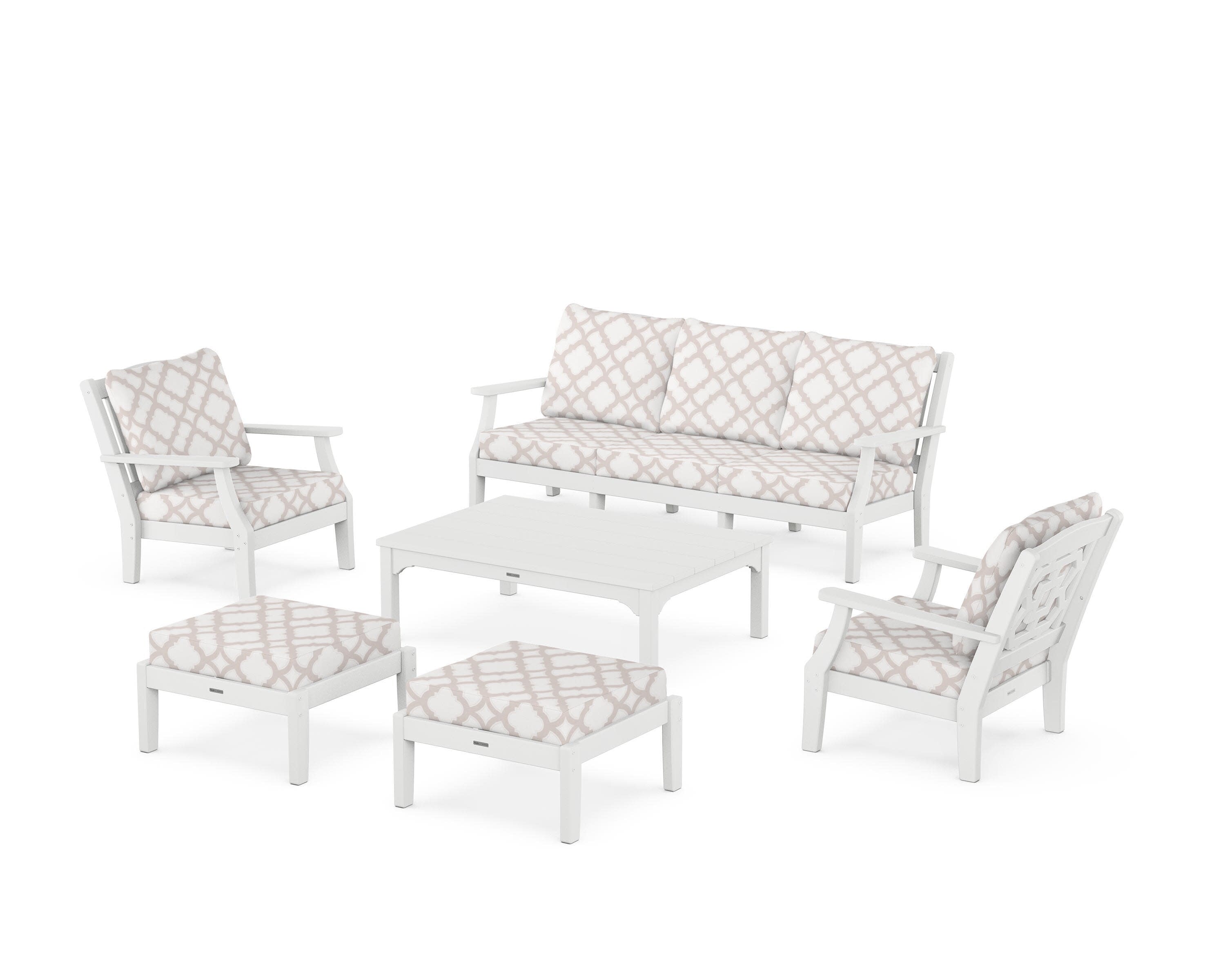 Chinoiserie 6-Piece Lounge Sofa Set in White / Trellis Dune Burlap
