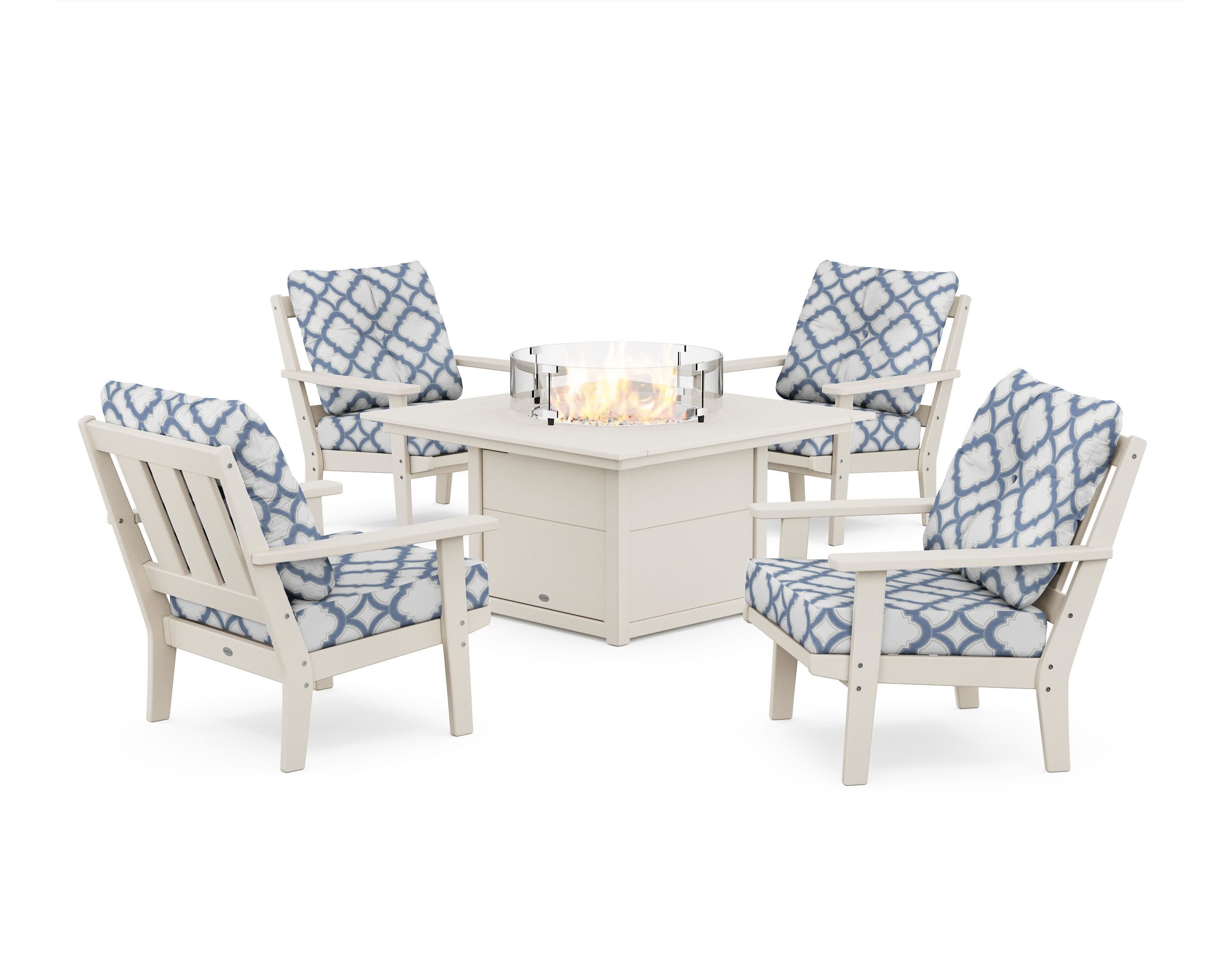 Oxford 5-Piece Deep Seating Set with Fire Pit Table in Sand / Trellis Sky Blue