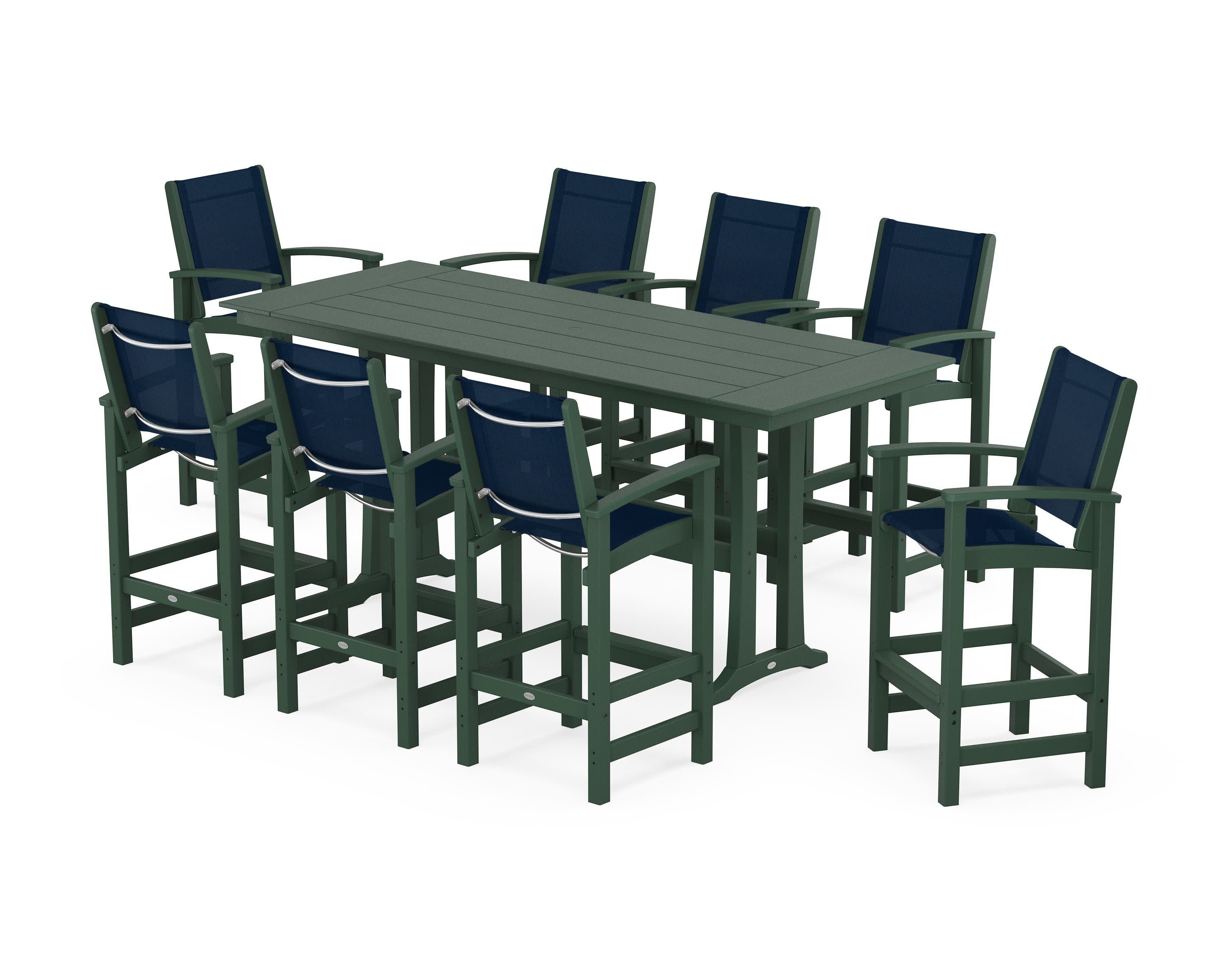 Coastal 9-Piece Farmhouse Bar Set with Trestle Legs in Green / Navy Blue Sling