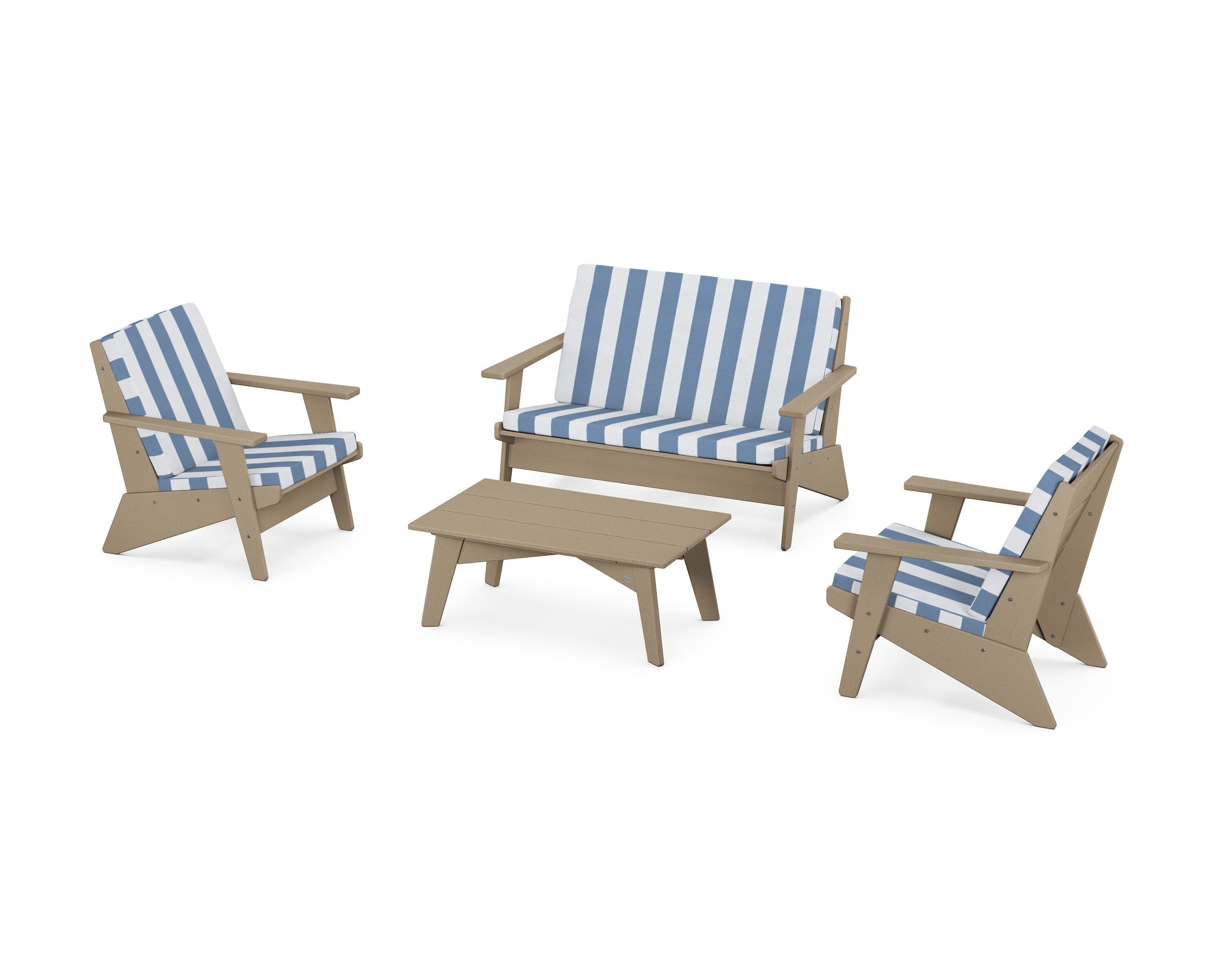 Riviera Modern Lounge 4-Piece Set in Vintage Sahara / Cabana Stripe Sky Blue