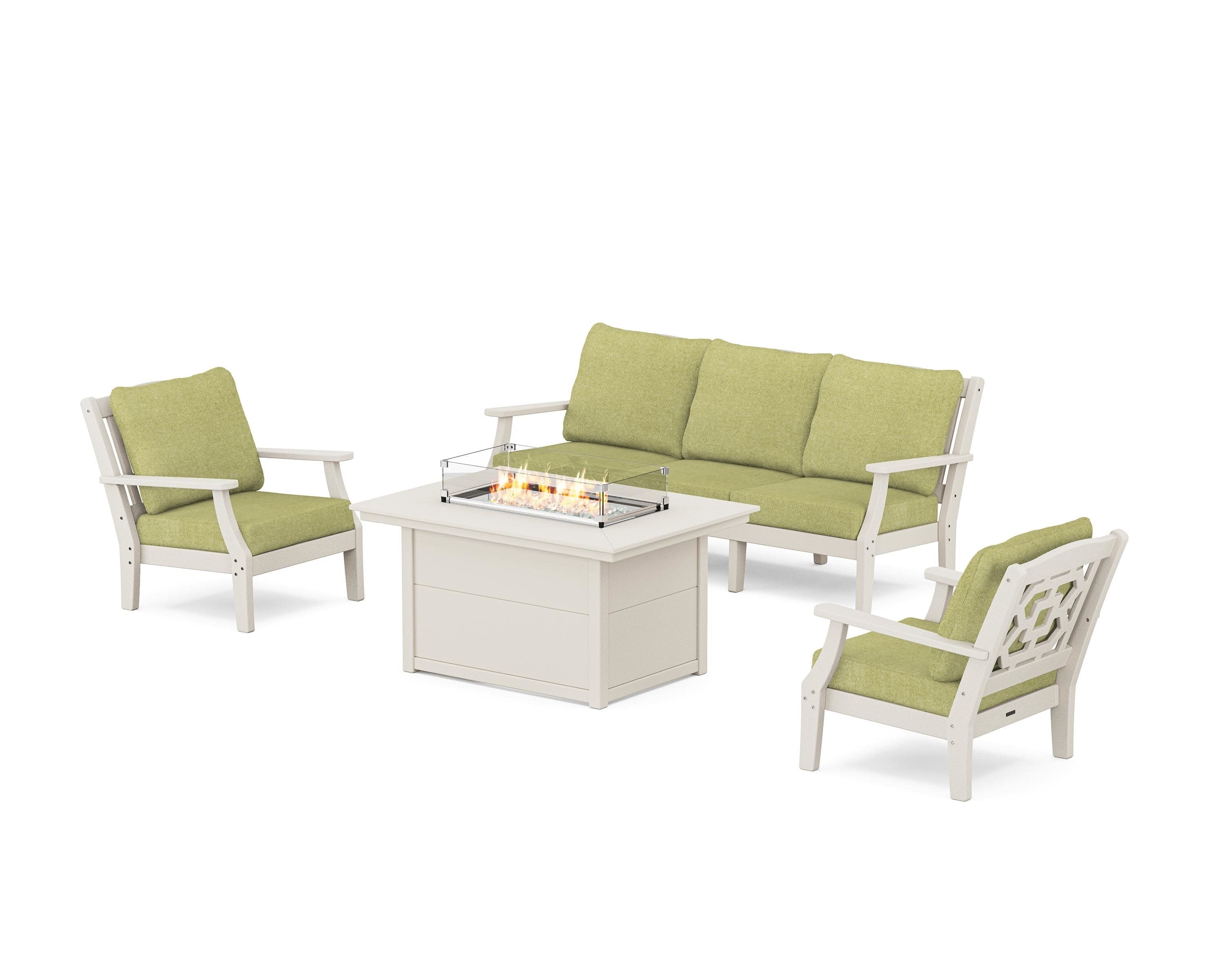 Chinoiserie Deep Seating Fire Pit Table Set in Sand / Chartreuse Boucle