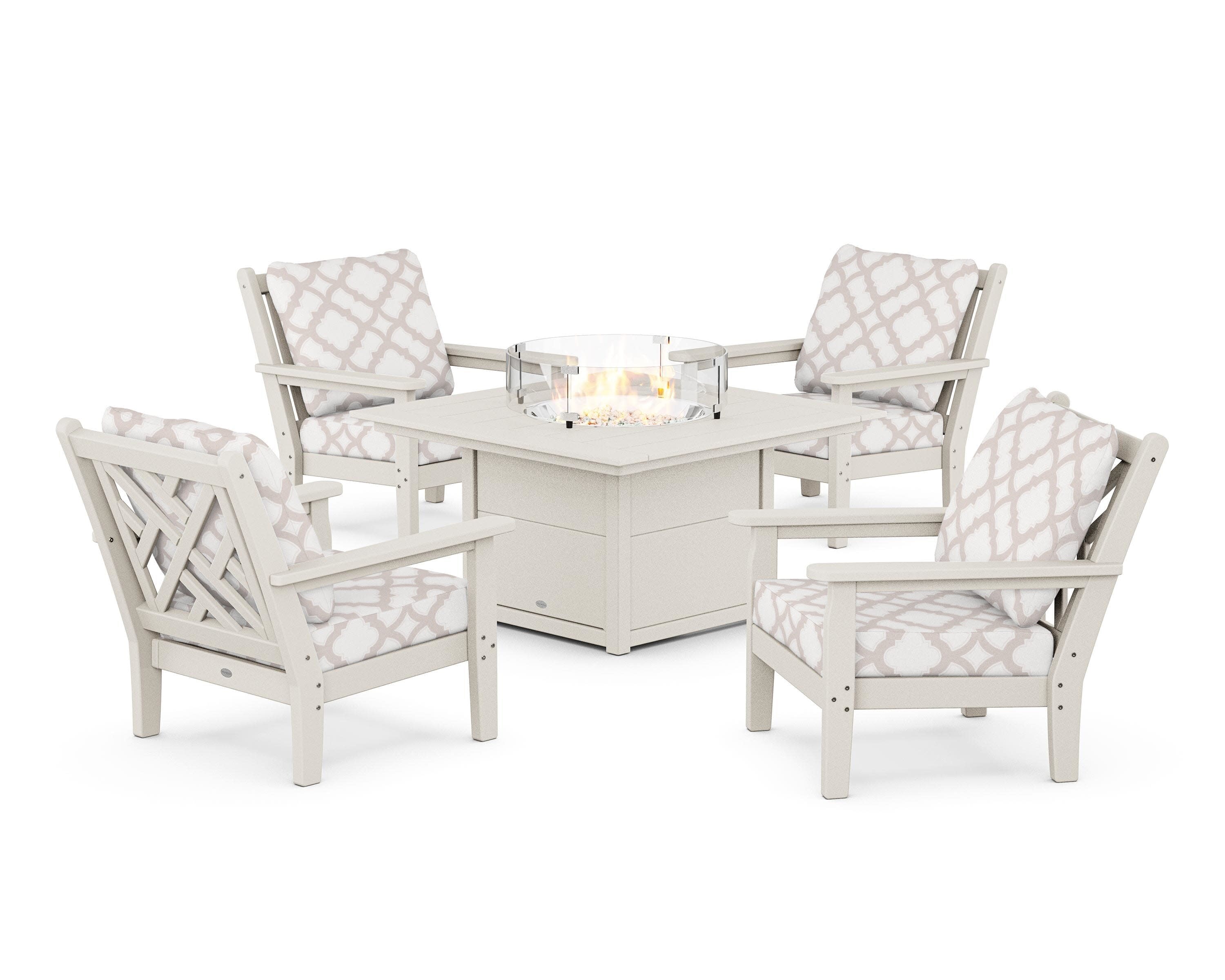 Chippendale 5-Piece Deep Seating Set with Fire Pit Table in Sand / Trellis Dune Burlap