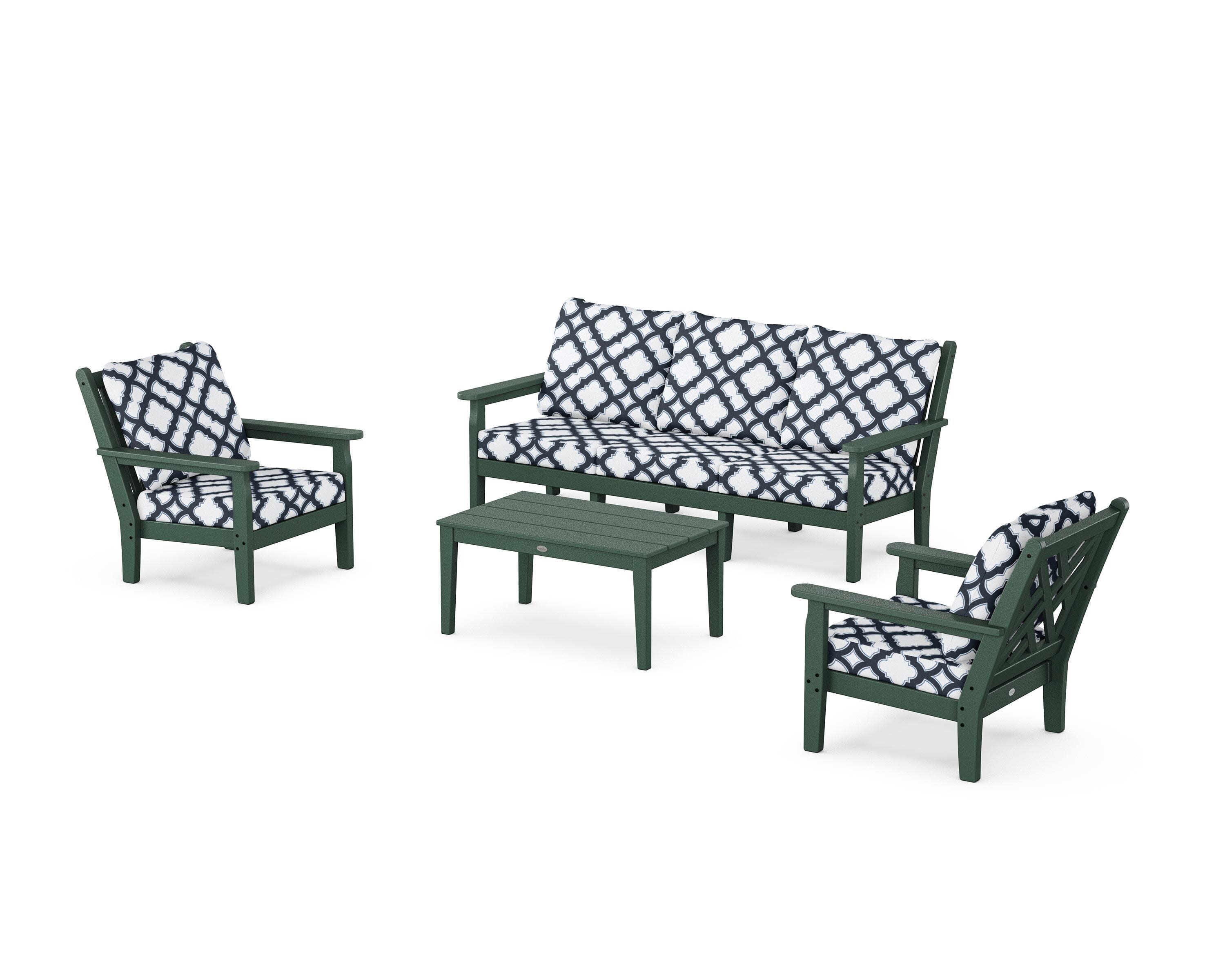Chippendale 4-Piece Deep Seating Set with Sofa in Green / Trellis Marine Indigo