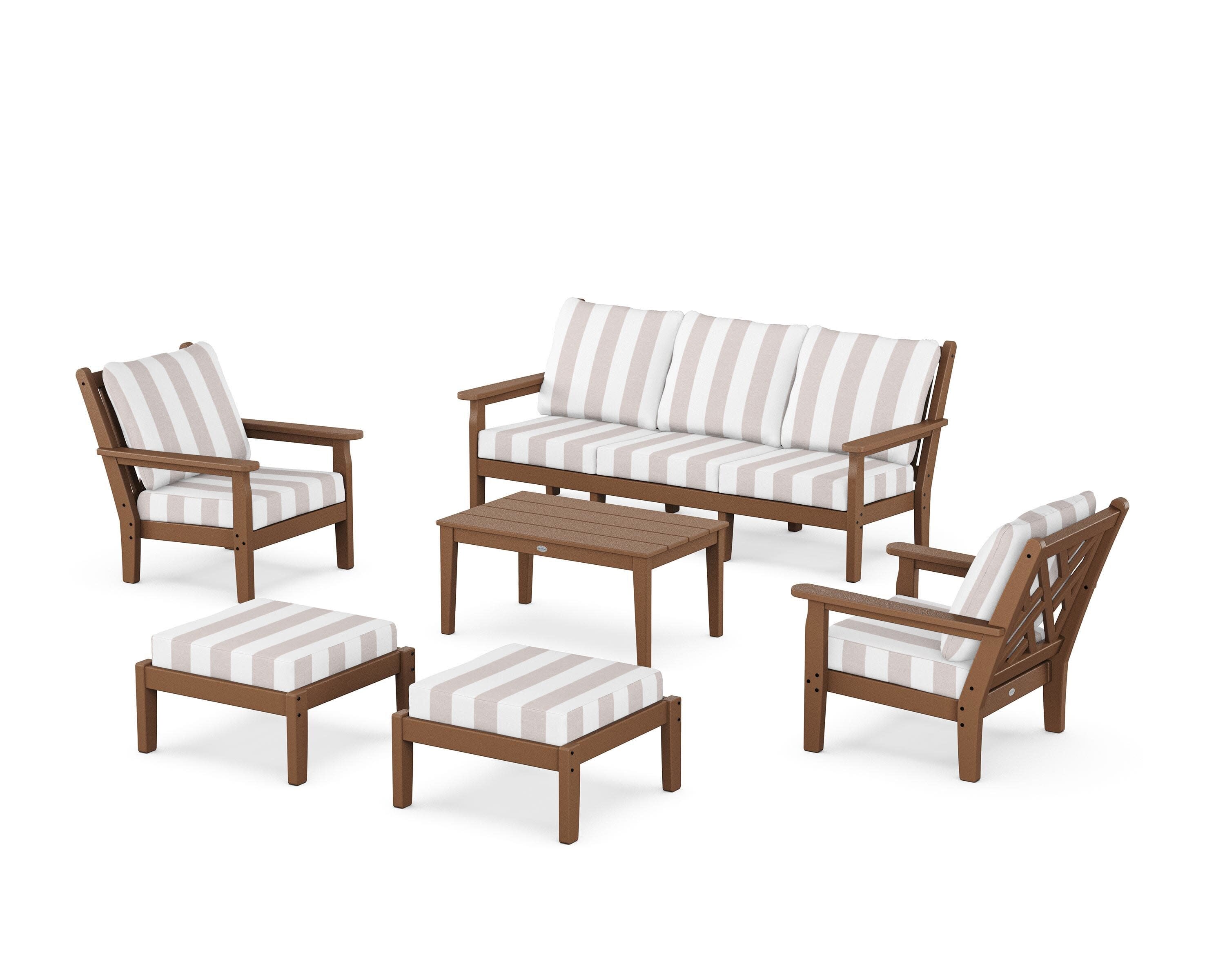 Chippendale 6-Piece Lounge Sofa Set in Teak / Cabana Stripe Dune Burlap