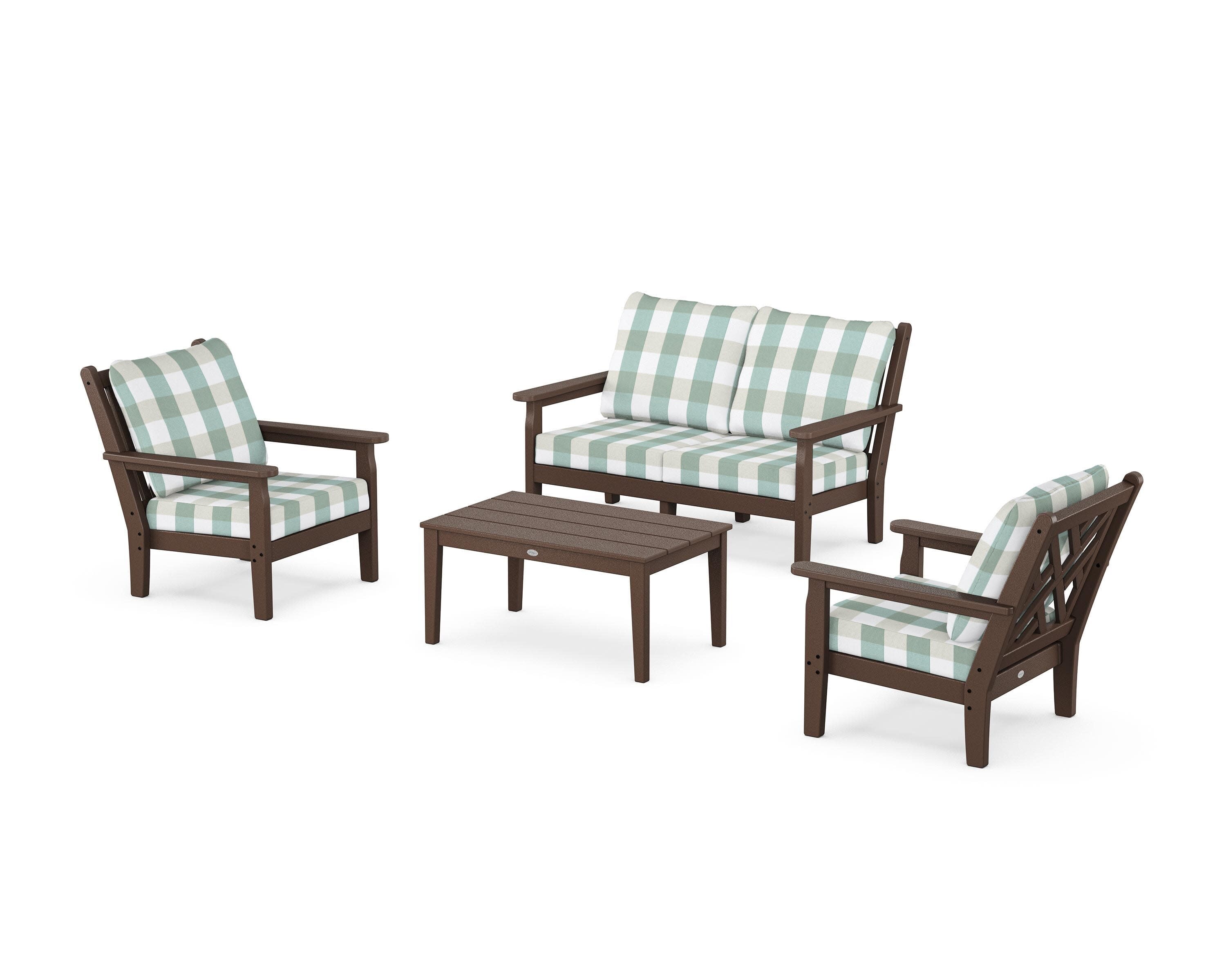 Chippendale 4-Piece Deep Seating Set with Loveseat in Mahogany / Buffalo Plaid Glacier Spa