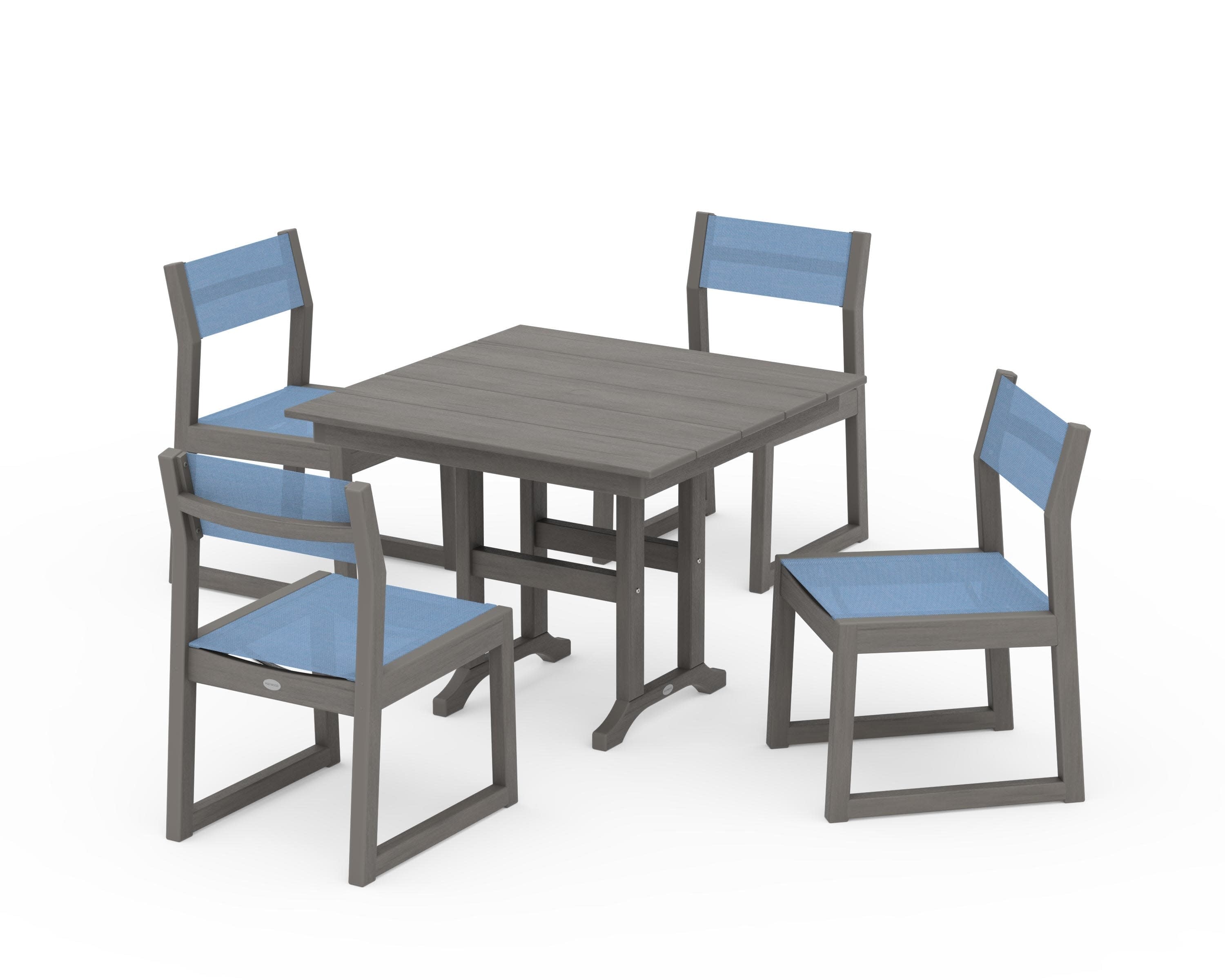 EDGE Sling Side Chair 5-Piece Farmhouse Dining Set in Driftwood / Poolside Sling