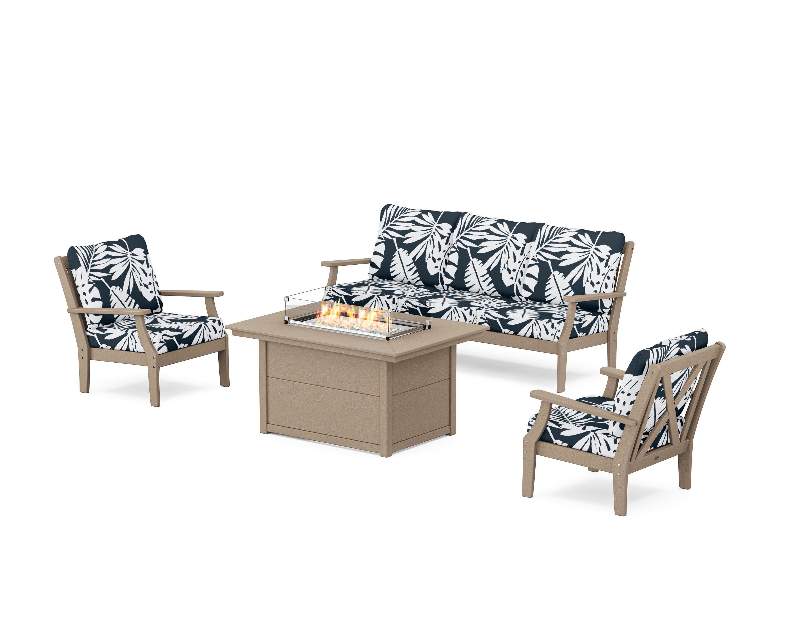 Braxton Deep Seating Fire Pit Table Set in Vintage Sahara / Leaf Marine Indigo