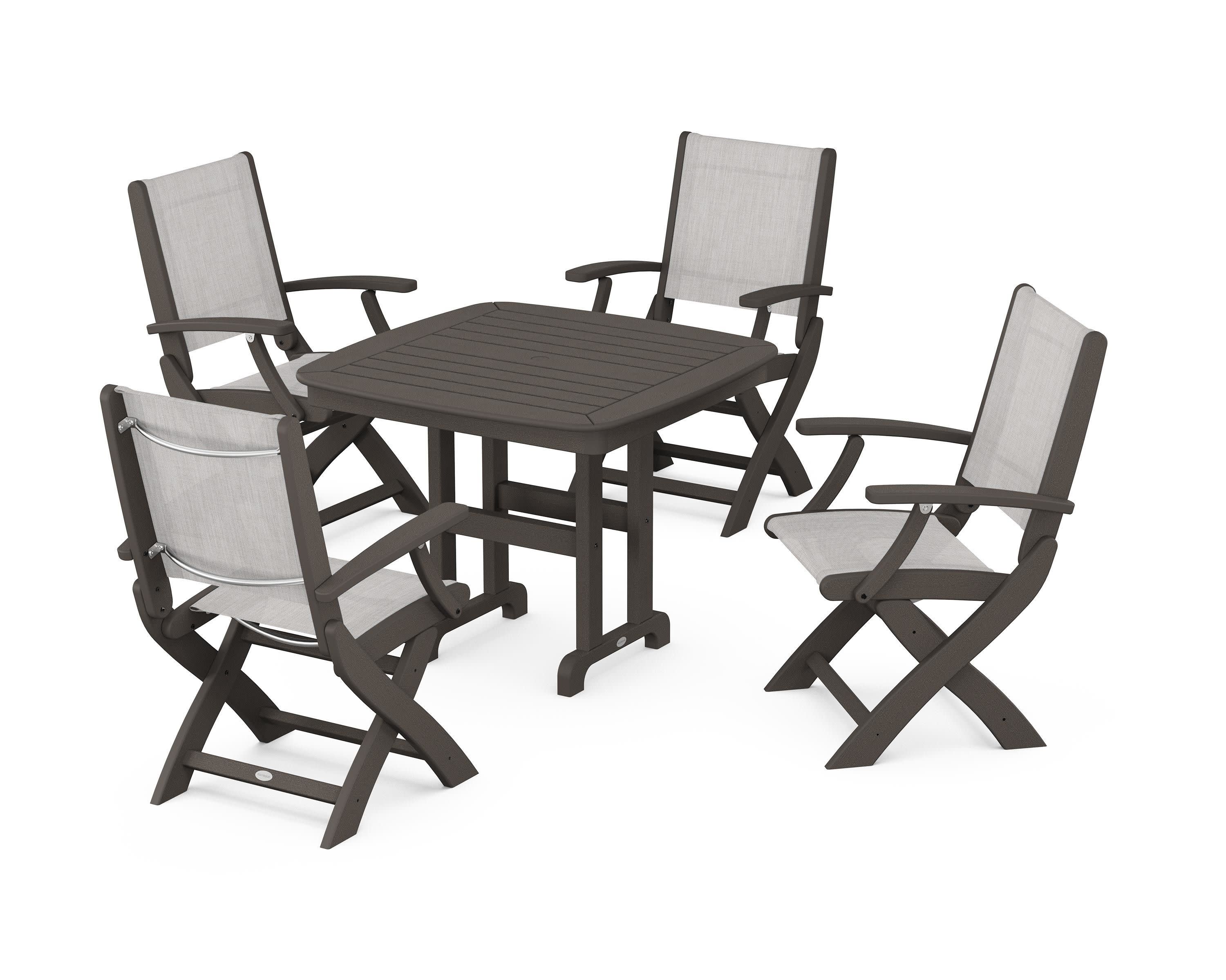 Coastal Folding Chair 5-Piece Dining Set in Vintage Coffee / Parchment Sling