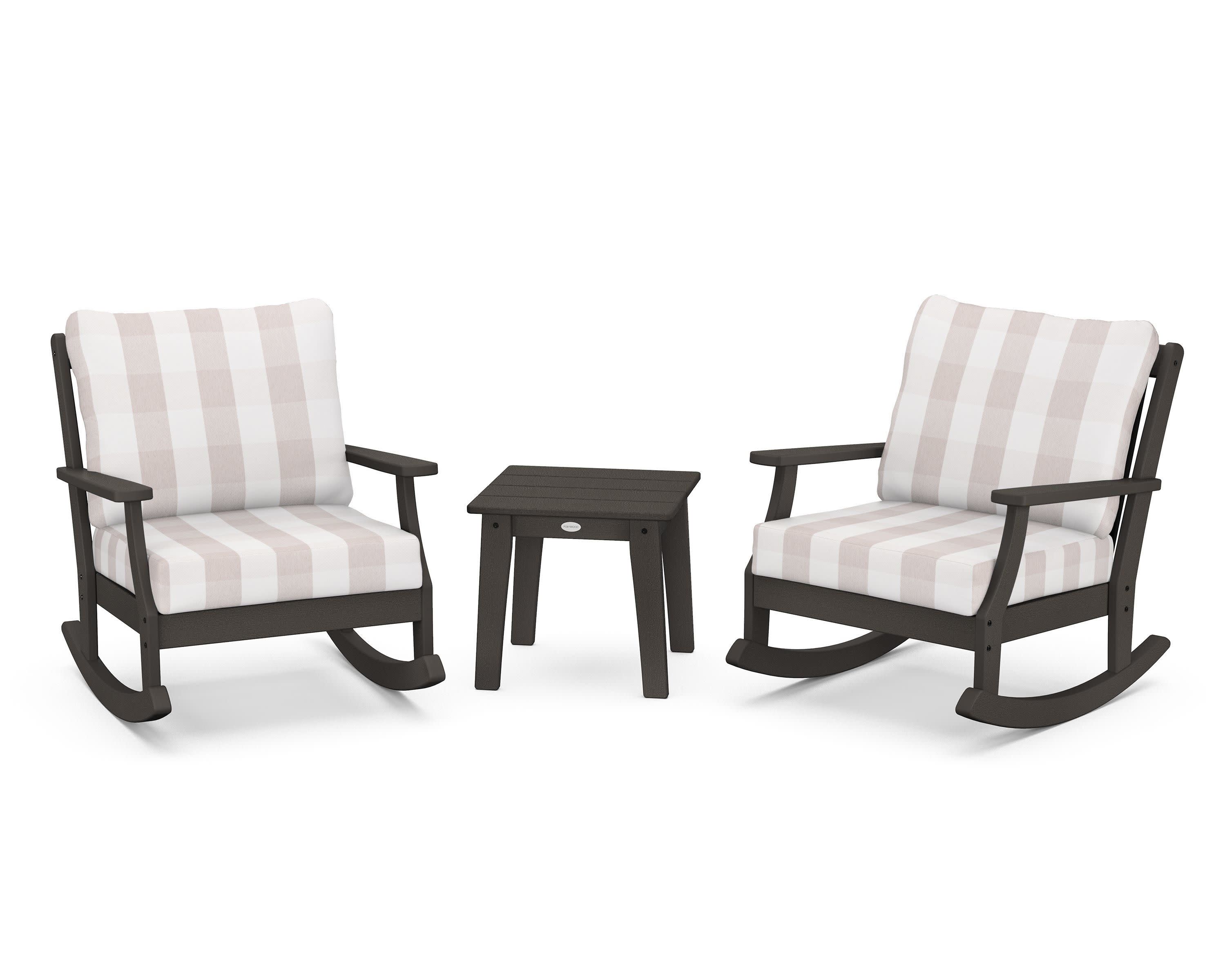 Braxton 3-Piece Deep Seating Rocker Set in Vintage Coffee / Buffalo Plaid Dune Burlap