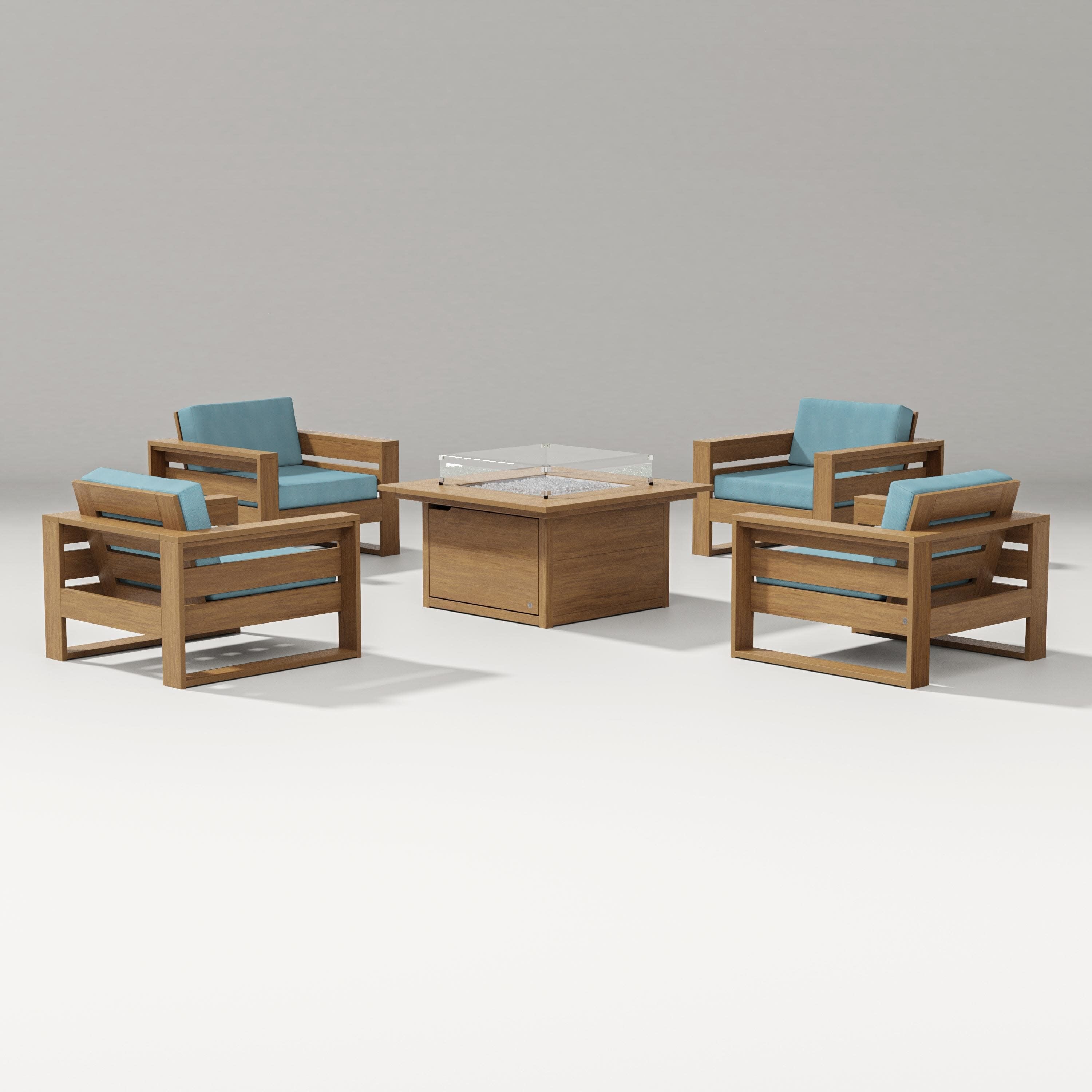Latitude 5-Piece Lounge Fire Table Set in Natural / Lattice Sky Blue
