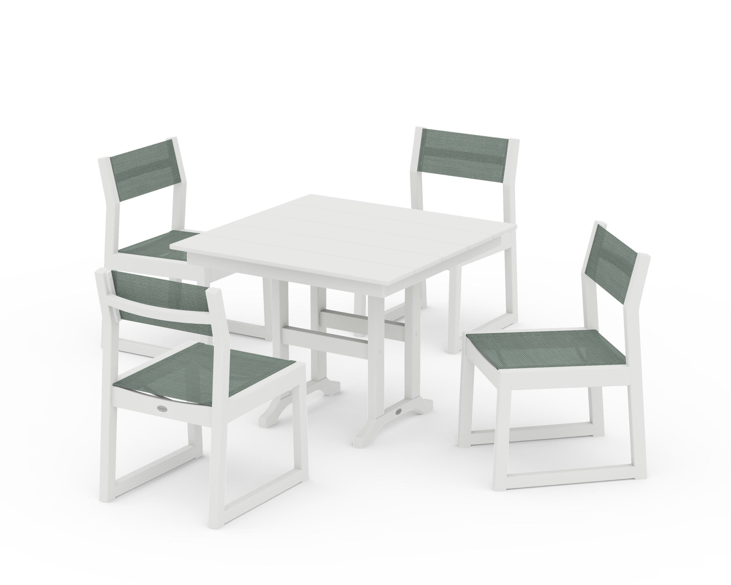 EDGE Sling Side Chair 5-Piece Farmhouse Dining Set in Vintage White / Dupioni Sea Mist Sling