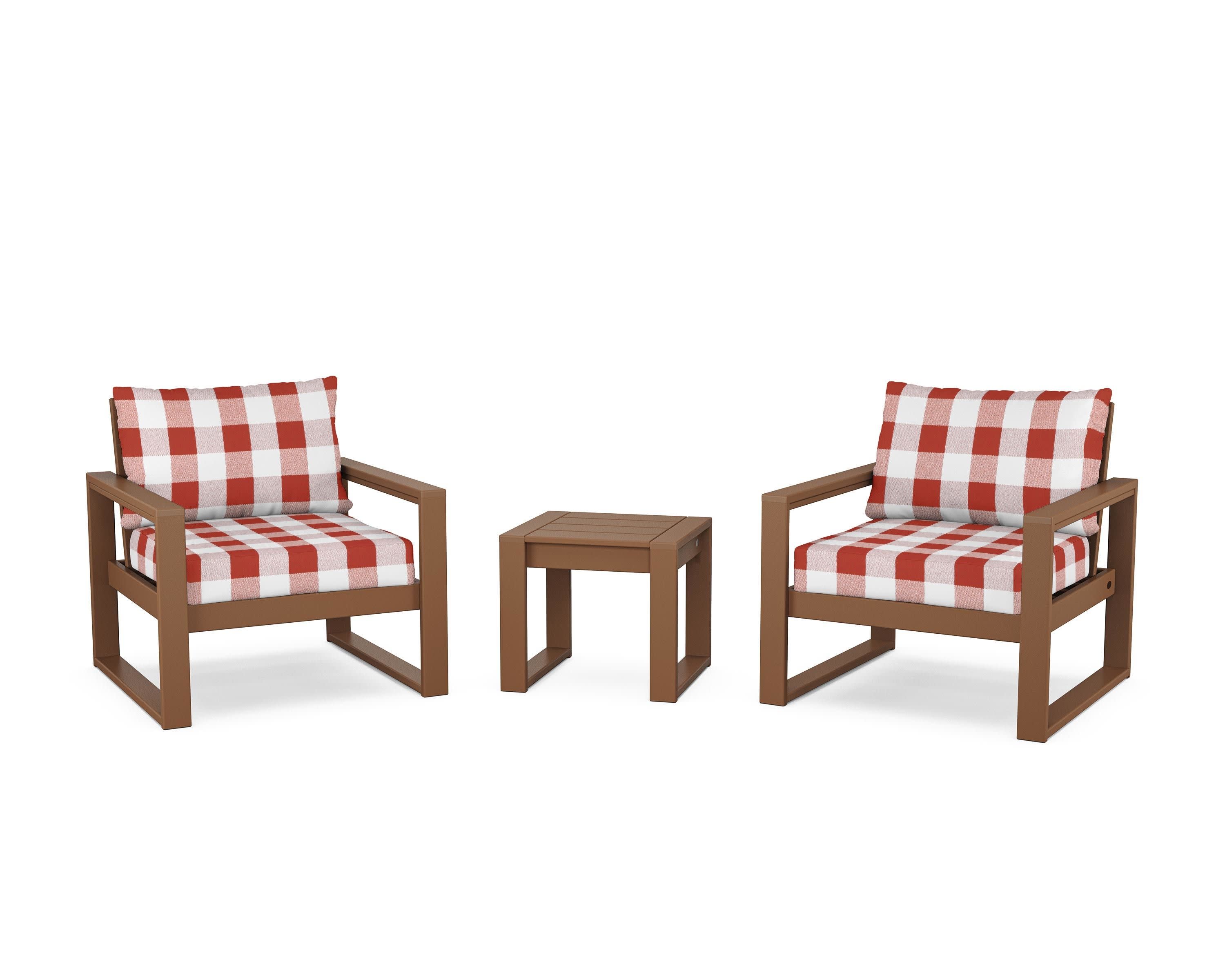 EDGE Sectional 3-Piece Deep Seating Set in Teak / Buffalo Plaid Crimson