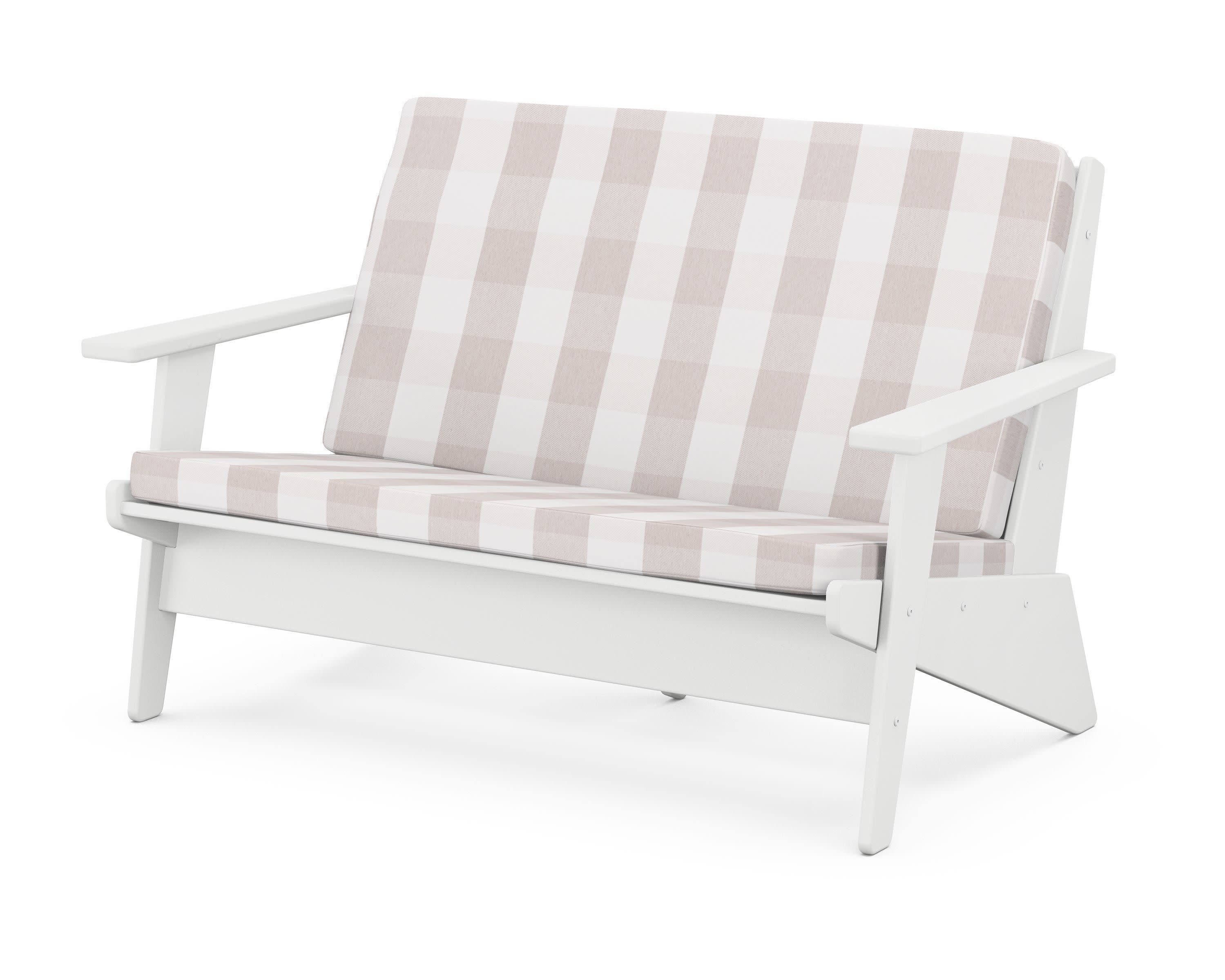 Riviera Modern Lounge Loveseat in White / Buffalo Plaid Dune Burlap