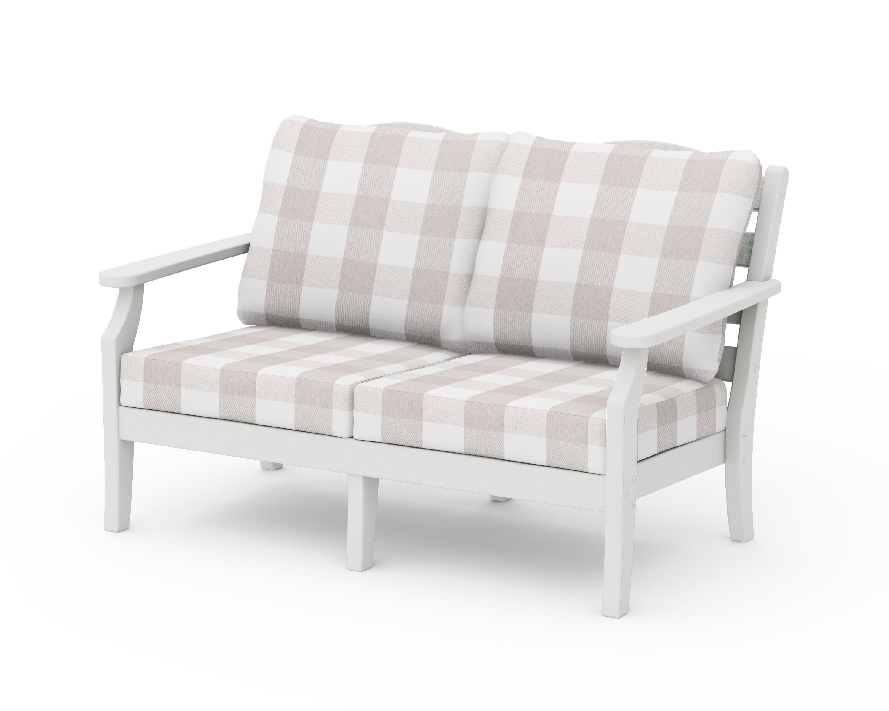 Savannah Deep Seating Loveseat in Vintage White / Buffalo Plaid Dune Burlap