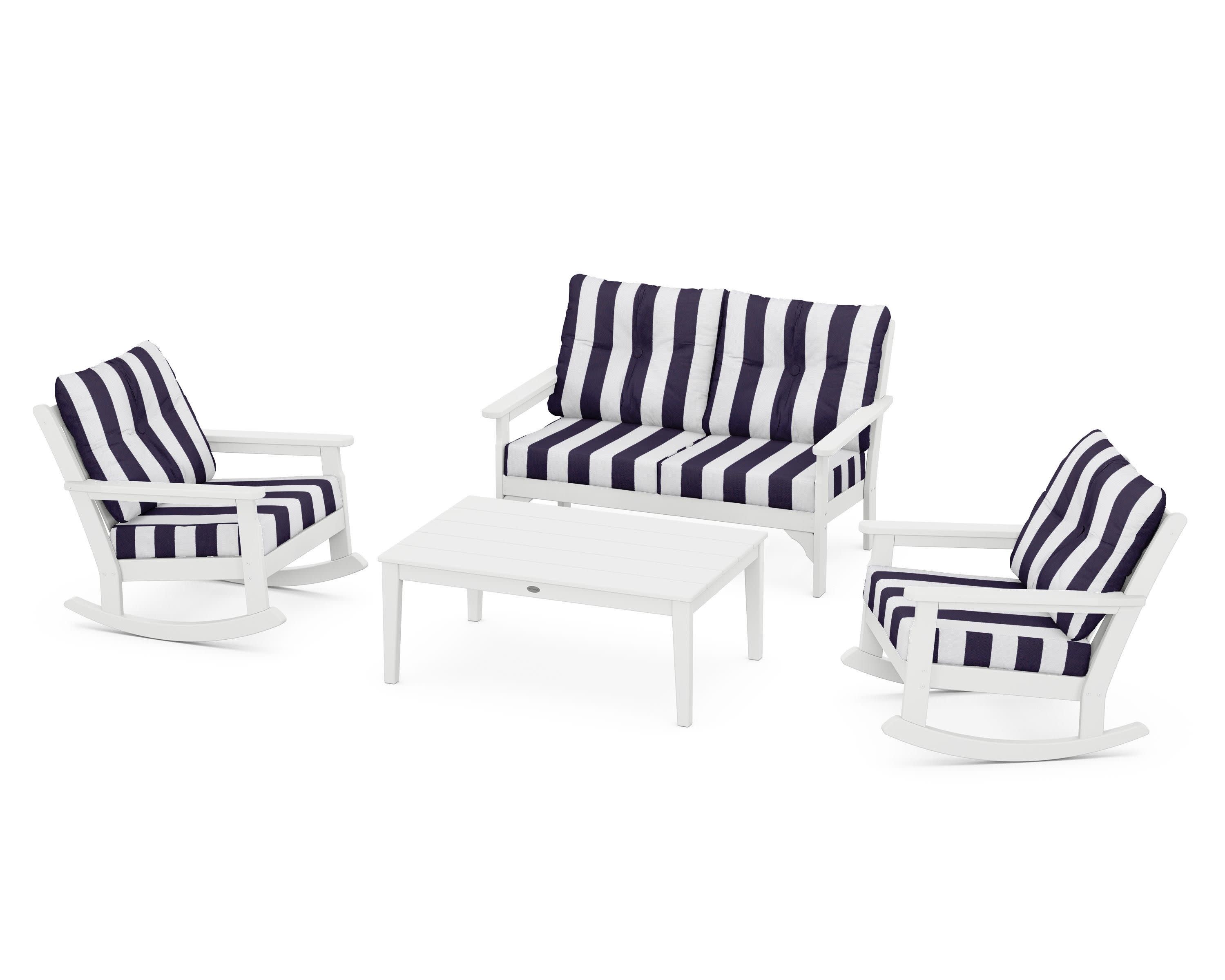 Vineyard 4-Piece Deep Seating Rocking Chair Set in White / Cabana Stripe Navy