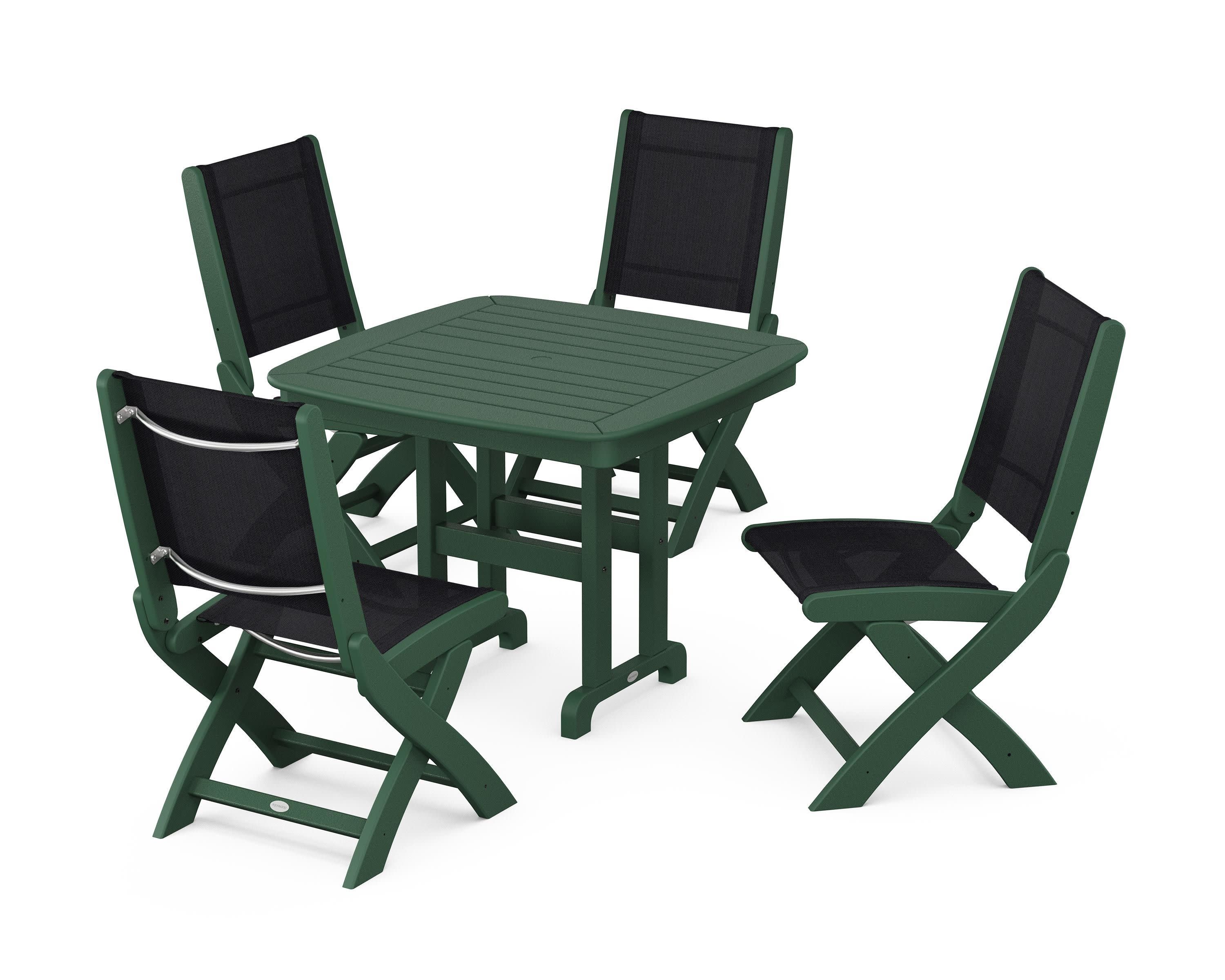 Coastal Folding Side Chair 5-Piece Dining Set in Green / Black Sling