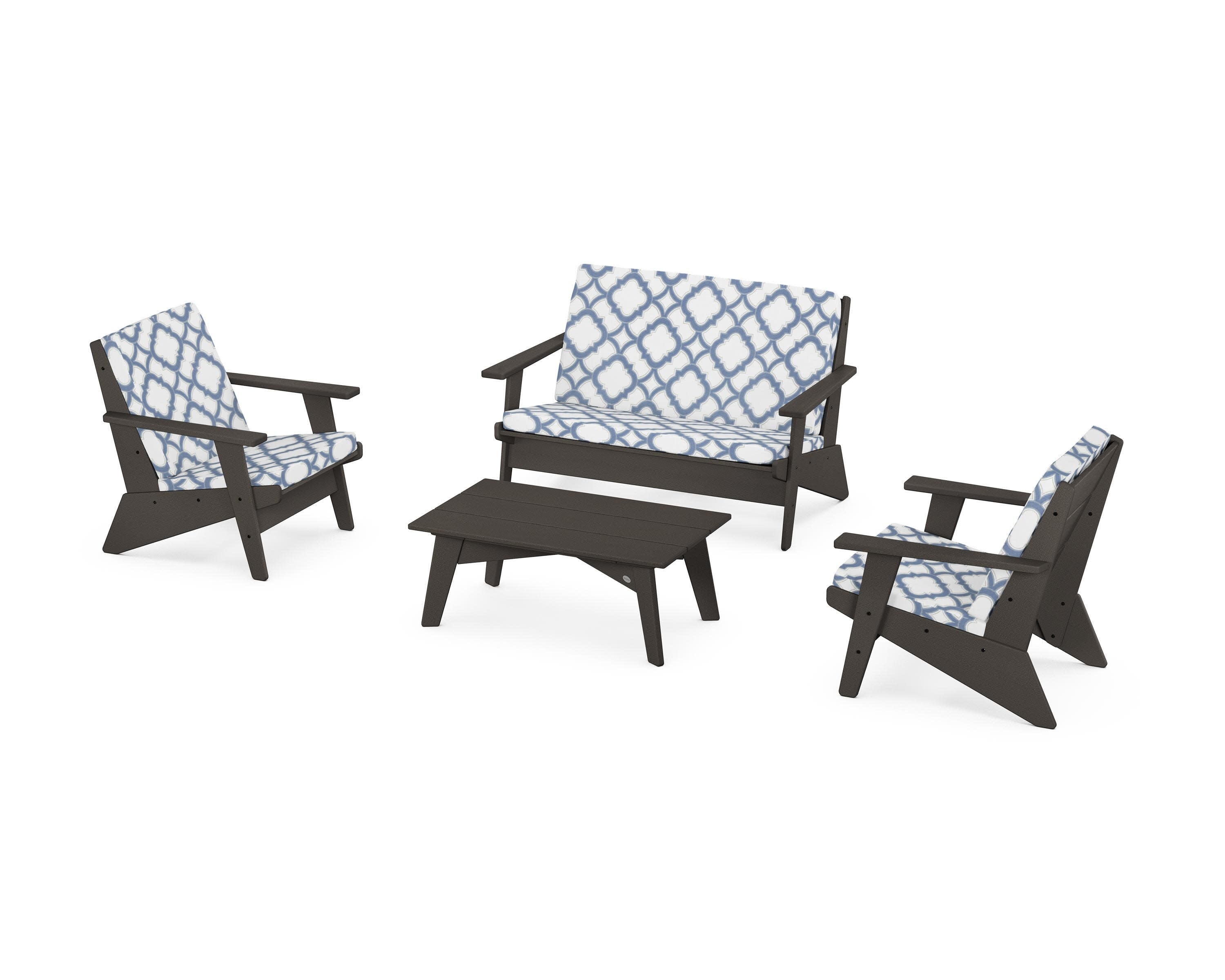 Riviera Modern Lounge 4-Piece Set in Vintage Coffee / Trellis Sky Blue