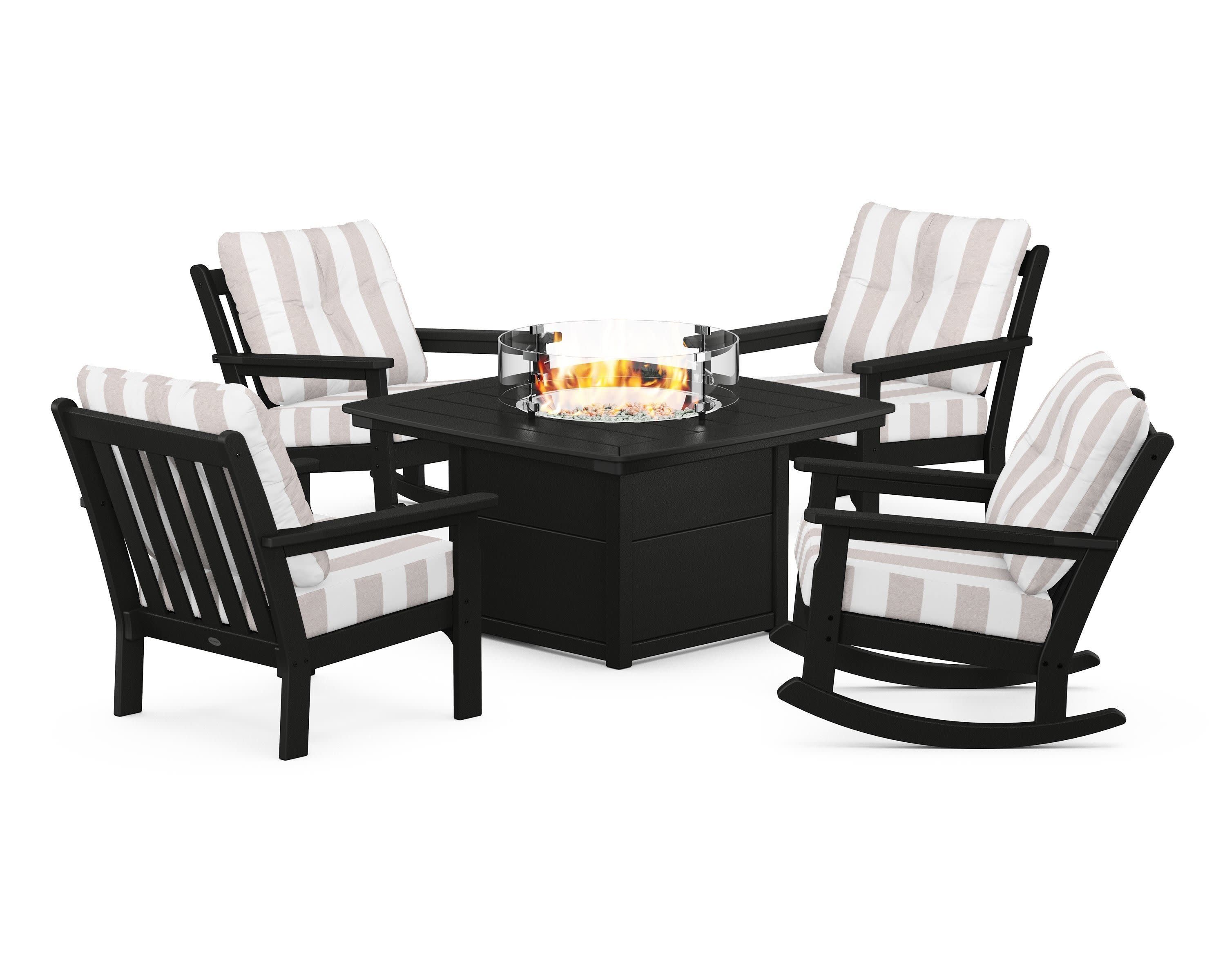 Vineyard 5-Piece Deep Seating Rocking Chair Conversation Set with Fire Pit Table in Black / Cabana Stripe Dune Burlap