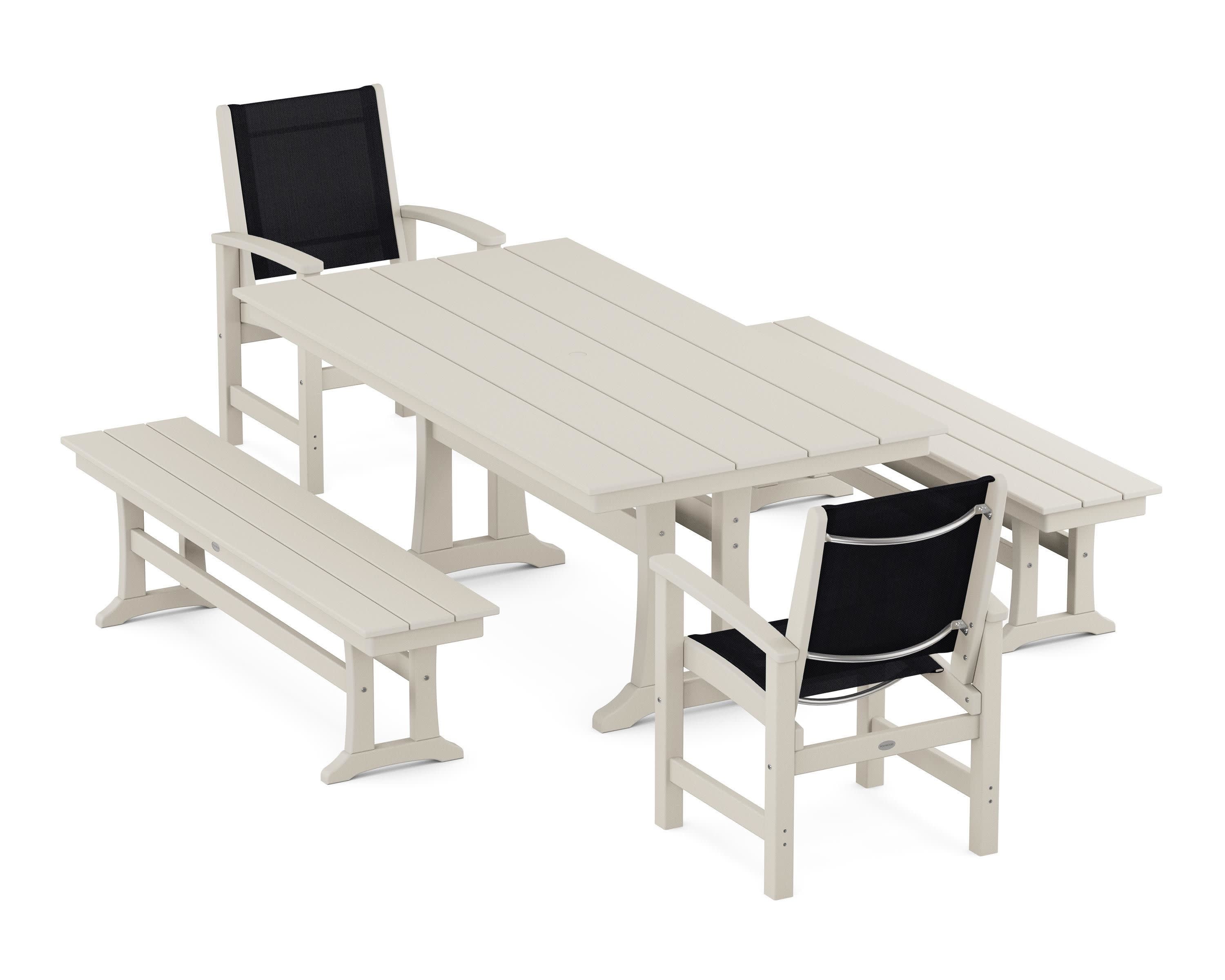 Coastal 5-Piece Farmhouse Dining Set with Trestle Legs and Benches in Sand / Black Sling