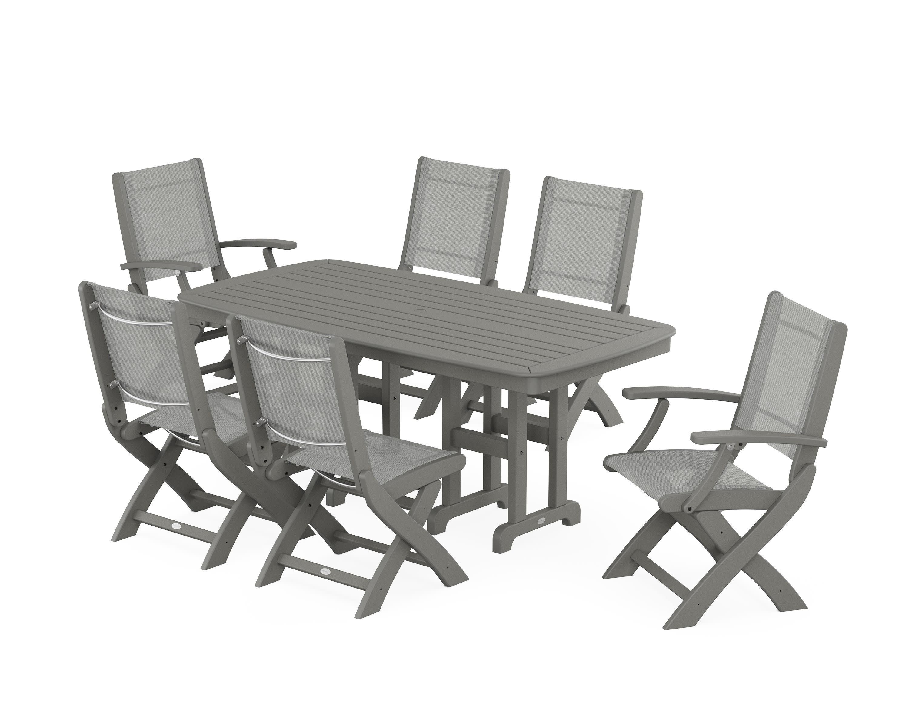 Coastal Folding Chair 7-Piece Dining Set in Slate Grey / Metallic Sling