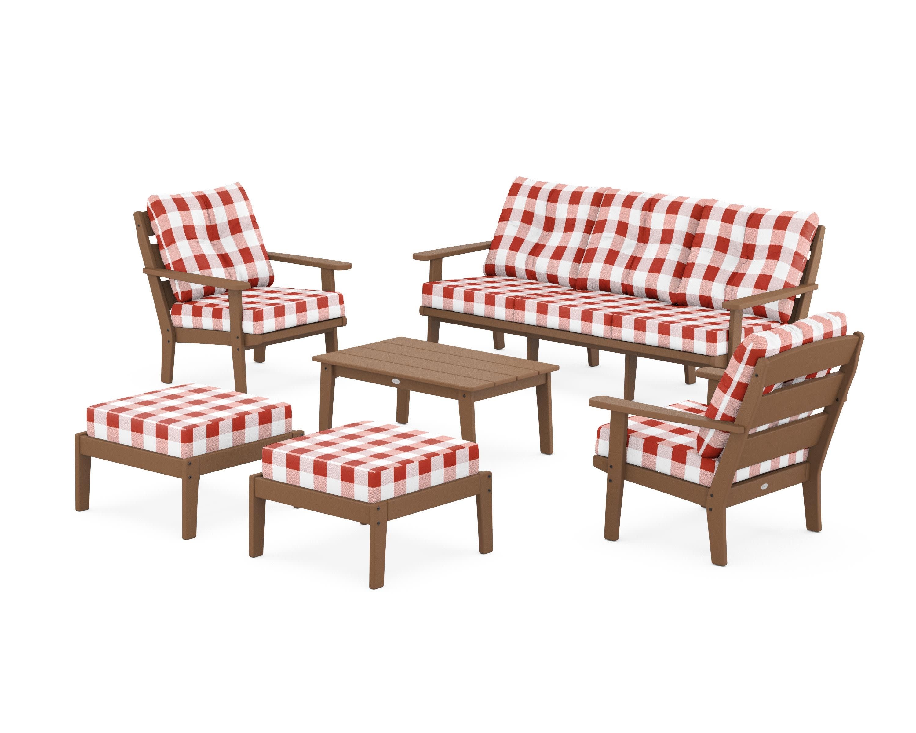Lakeside 6-Piece Lounge Sofa Set in Teak / Buffalo Plaid Crimson