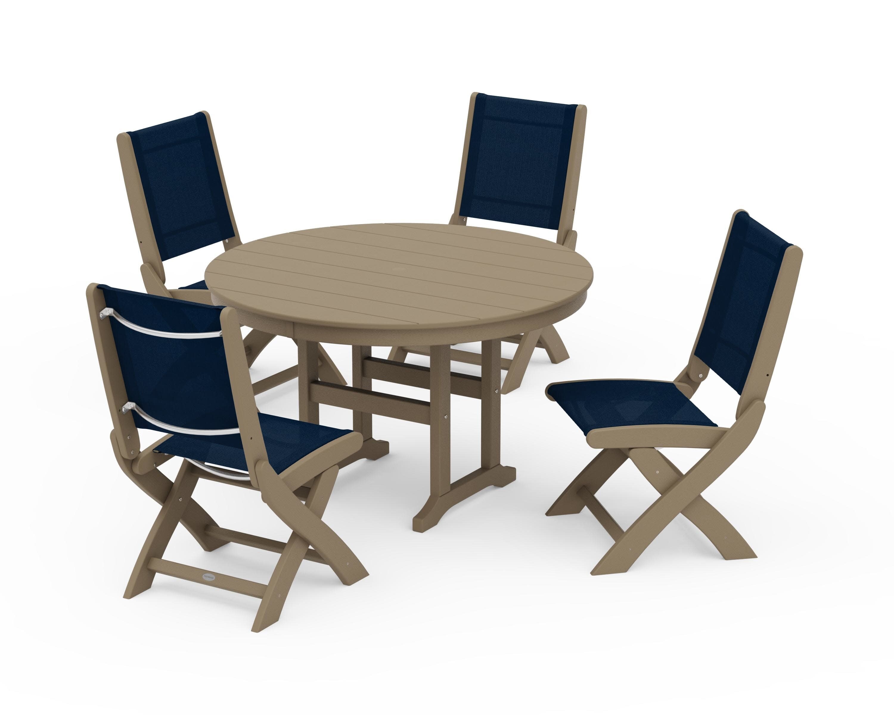 Coastal Folding Side Chair 5-Piece Round Dining Set in Vintage Sahara / Navy Blue Sling