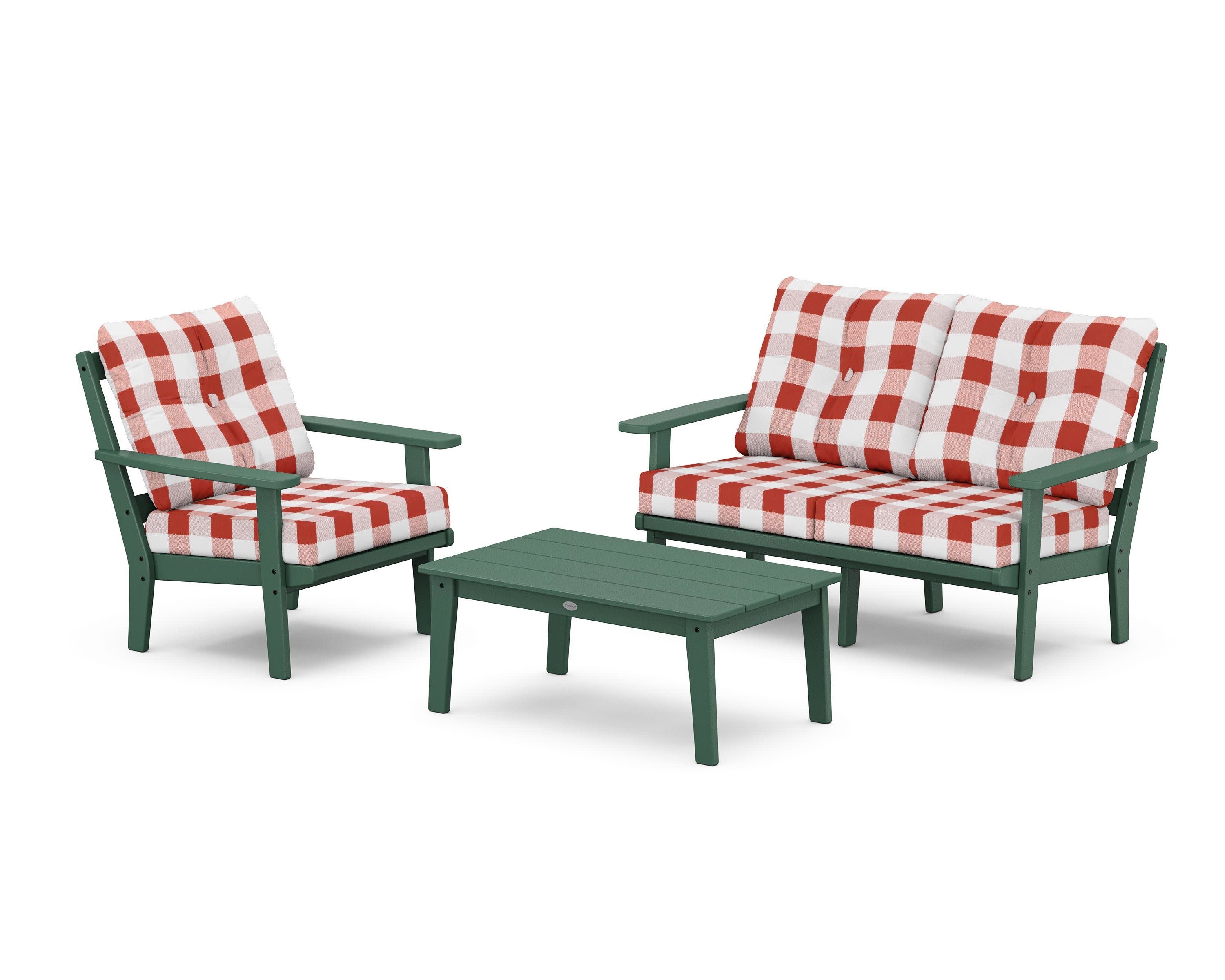 Oxford 3-Piece Deep Seating Set with Loveseat in Green / Buffalo Plaid Crimson