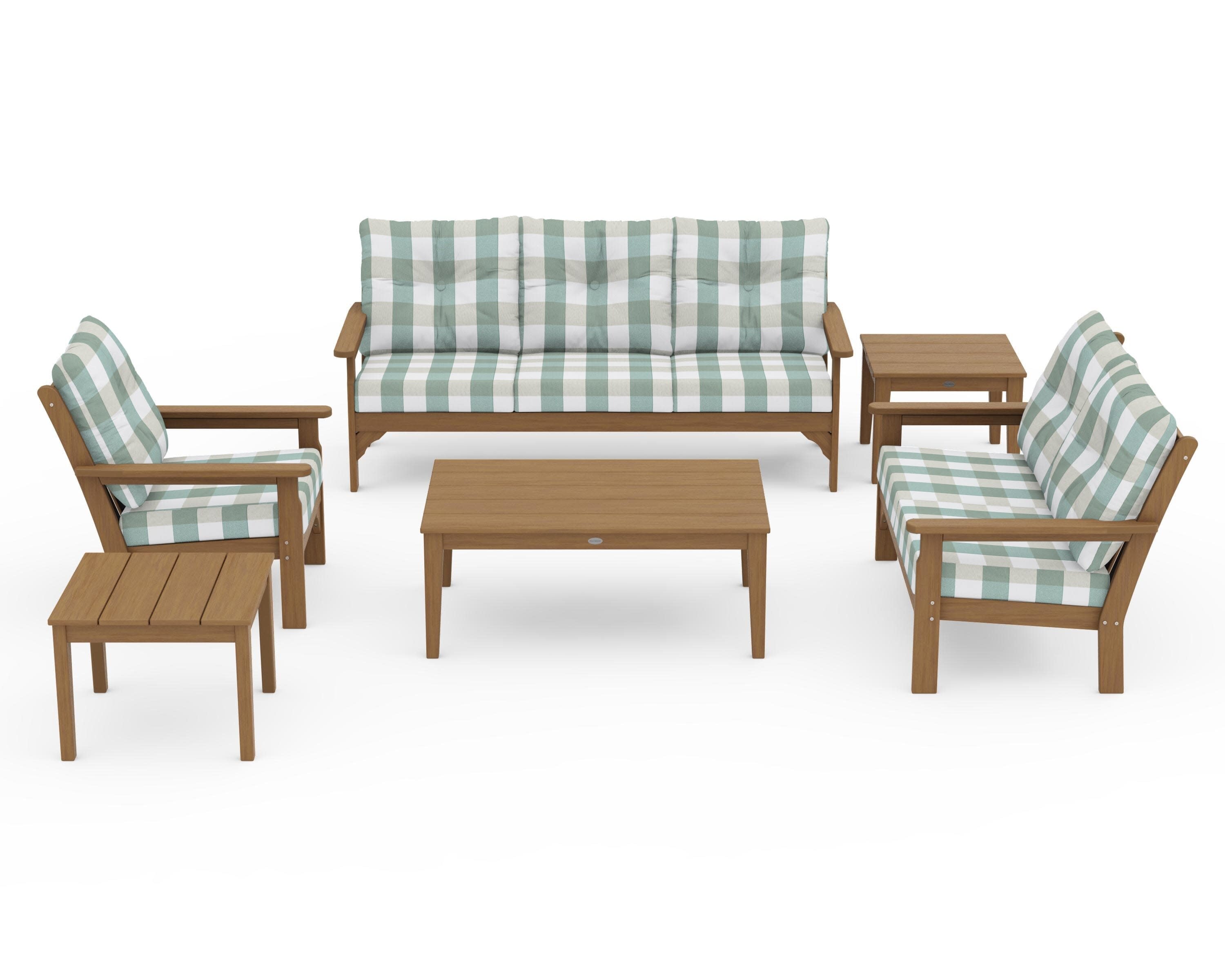 Vineyard 6-Piece Deep Seating Set in Natural / Buffalo Plaid Glacier Spa