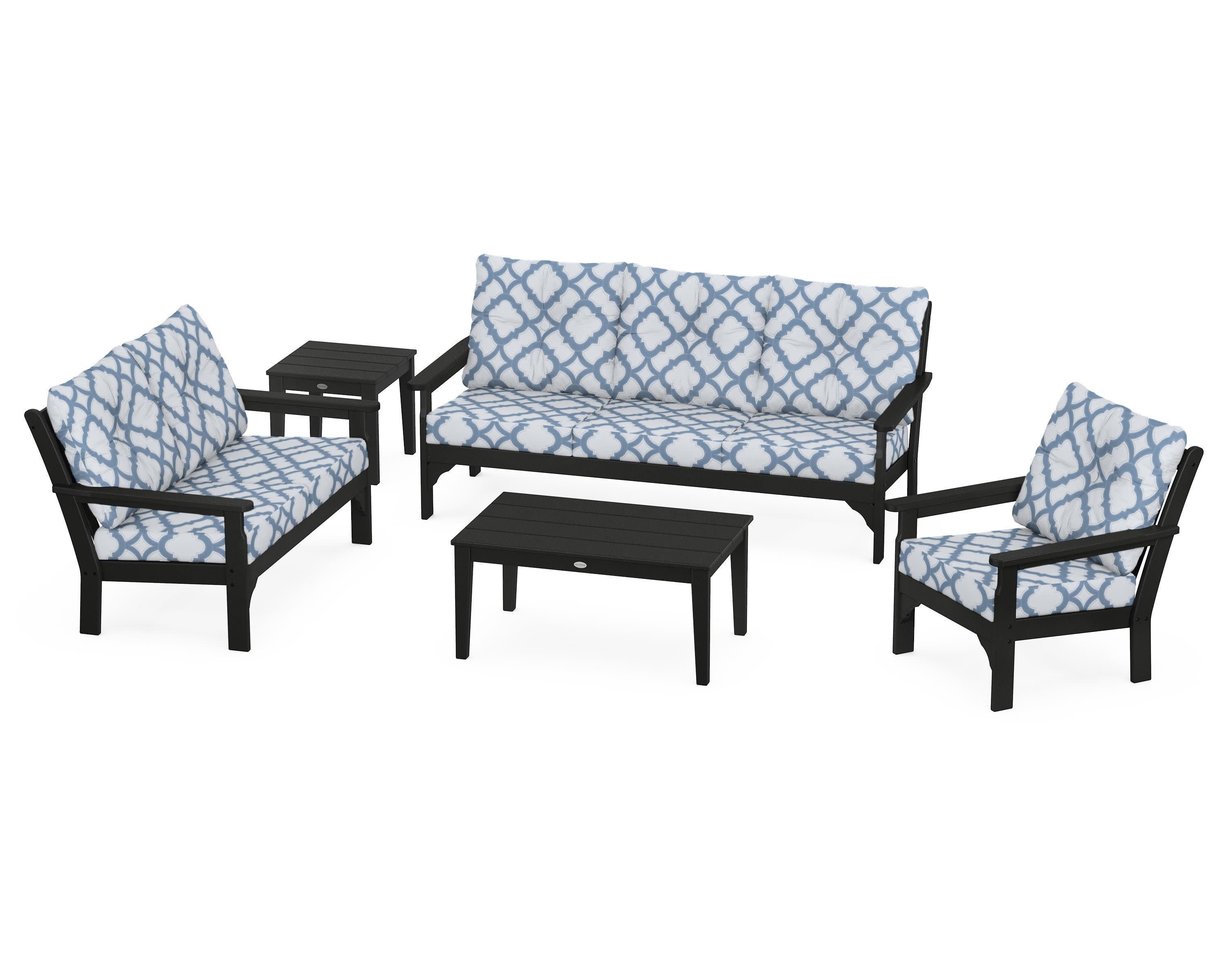 Vineyard 5 Piece Deep Seating Set in Black / Trellis Sky Blue