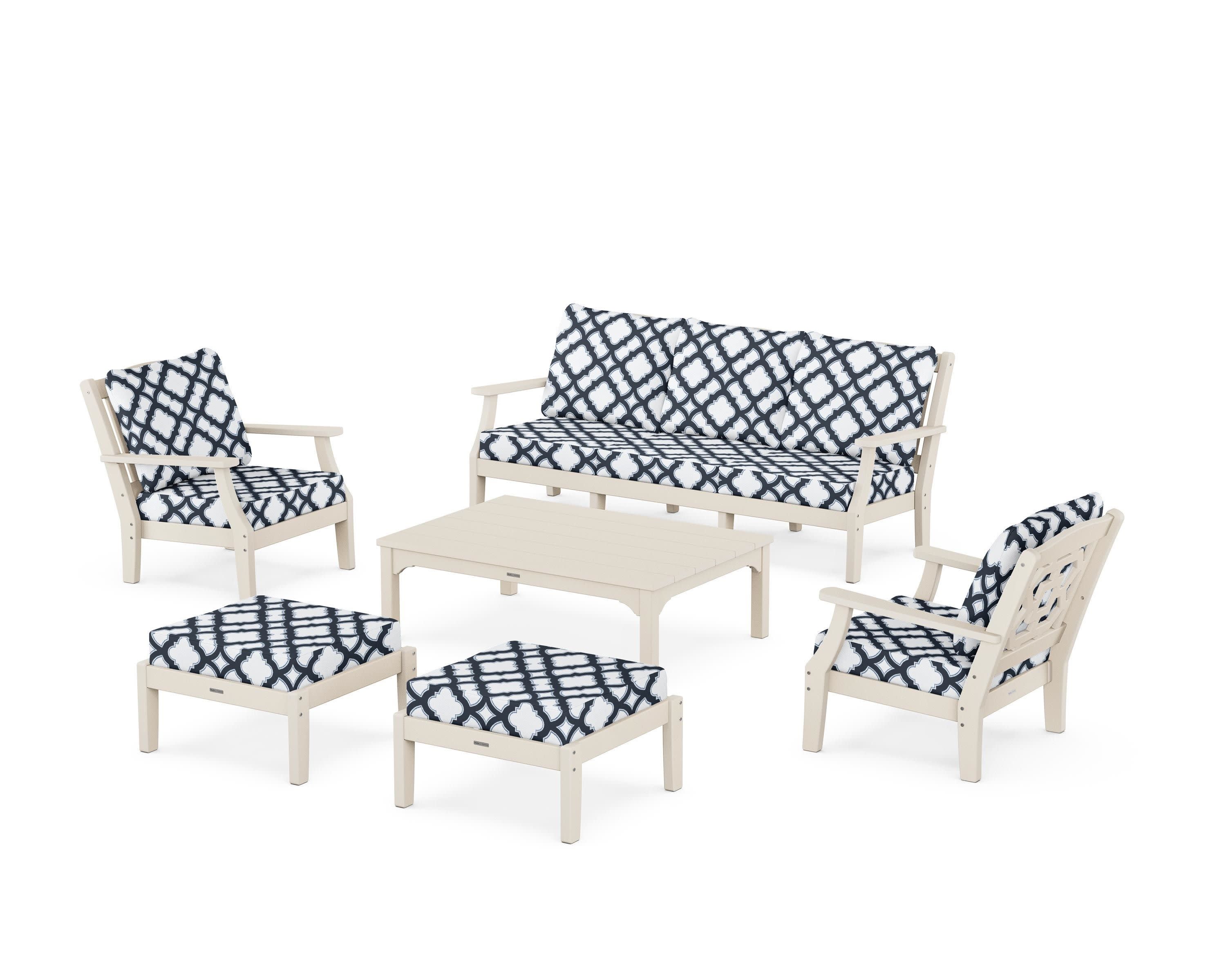 Chinoiserie 6-Piece Lounge Sofa Set in Sand / Trellis Marine Indigo