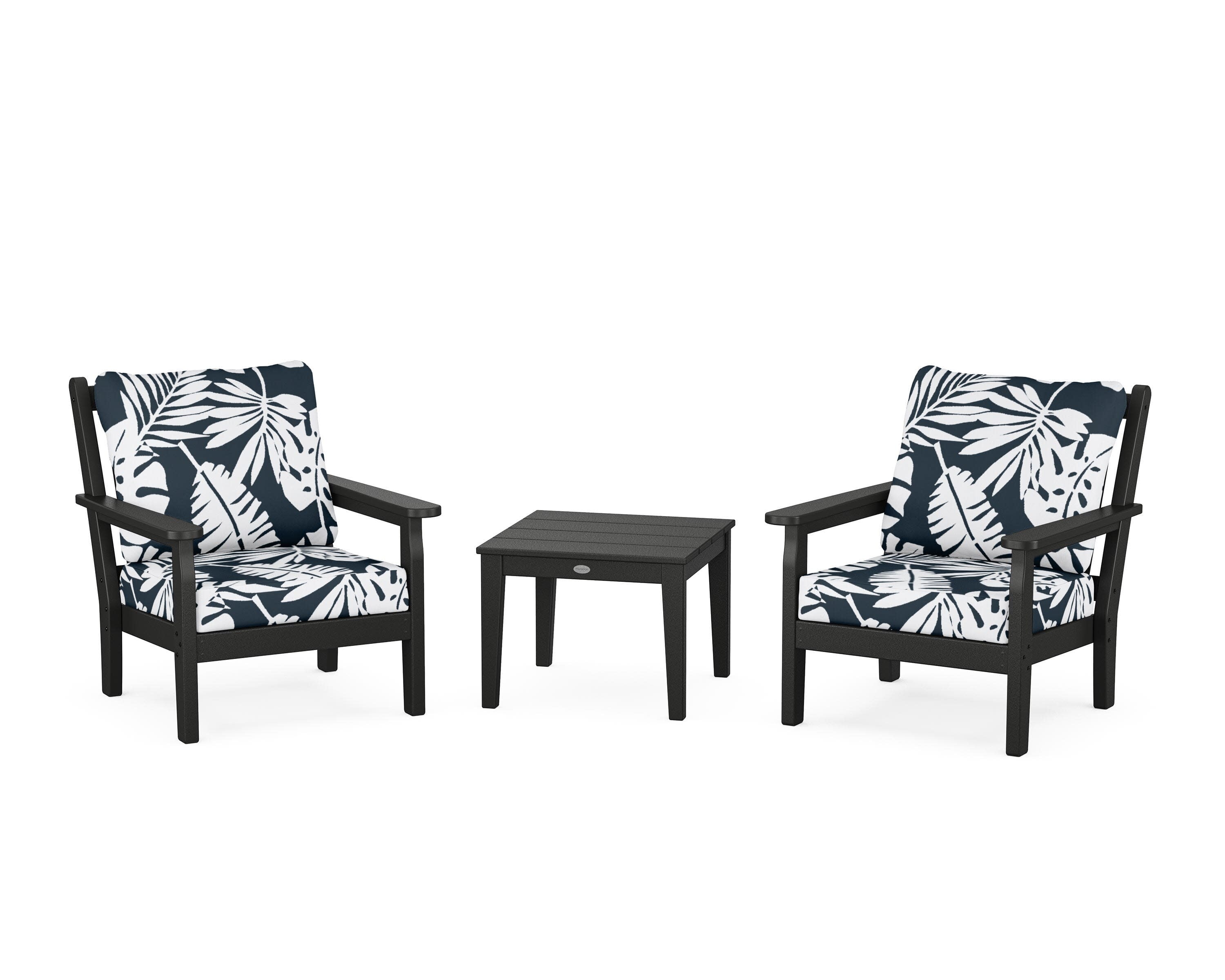 Chippendale 3-Piece Deep Seating Set in Black / Leaf Marine Indigo