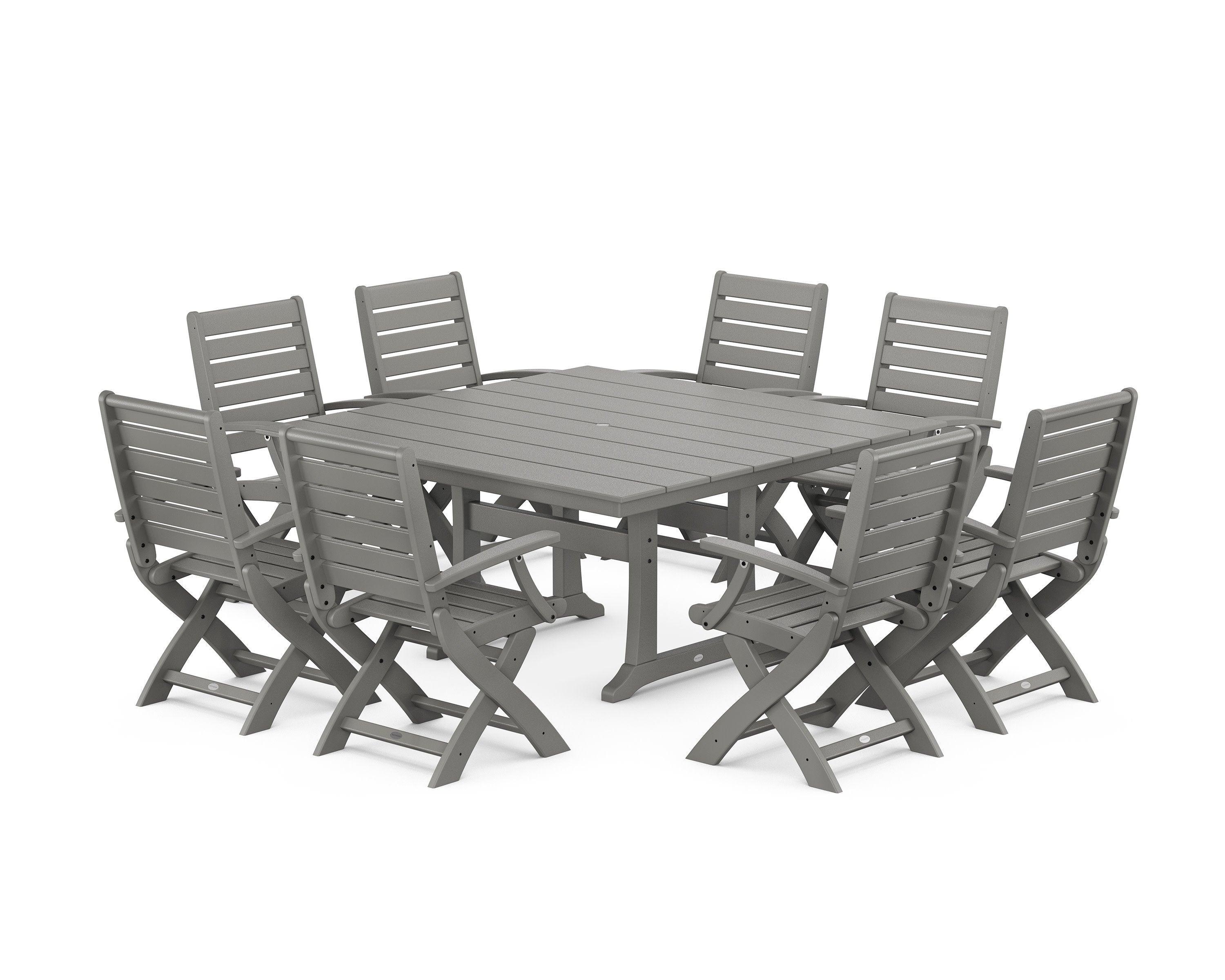 Signature Folding Chair 9-Piece Square Farmhouse Dining Set with Trestle Legs in Slate Grey