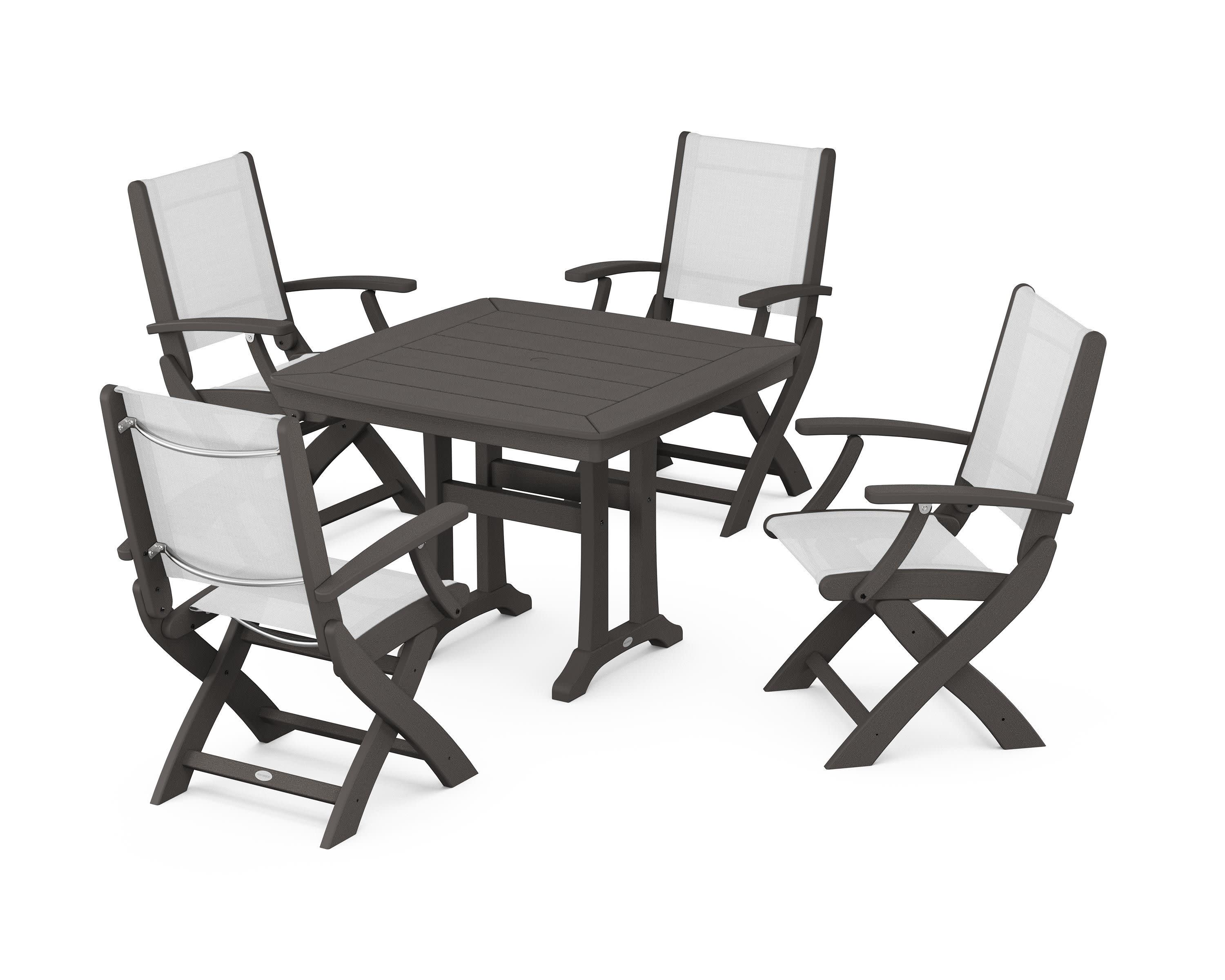 Coastal Folding Chair 5-Piece Dining Set with Trestle Legs in Vintage Coffee / White Sling