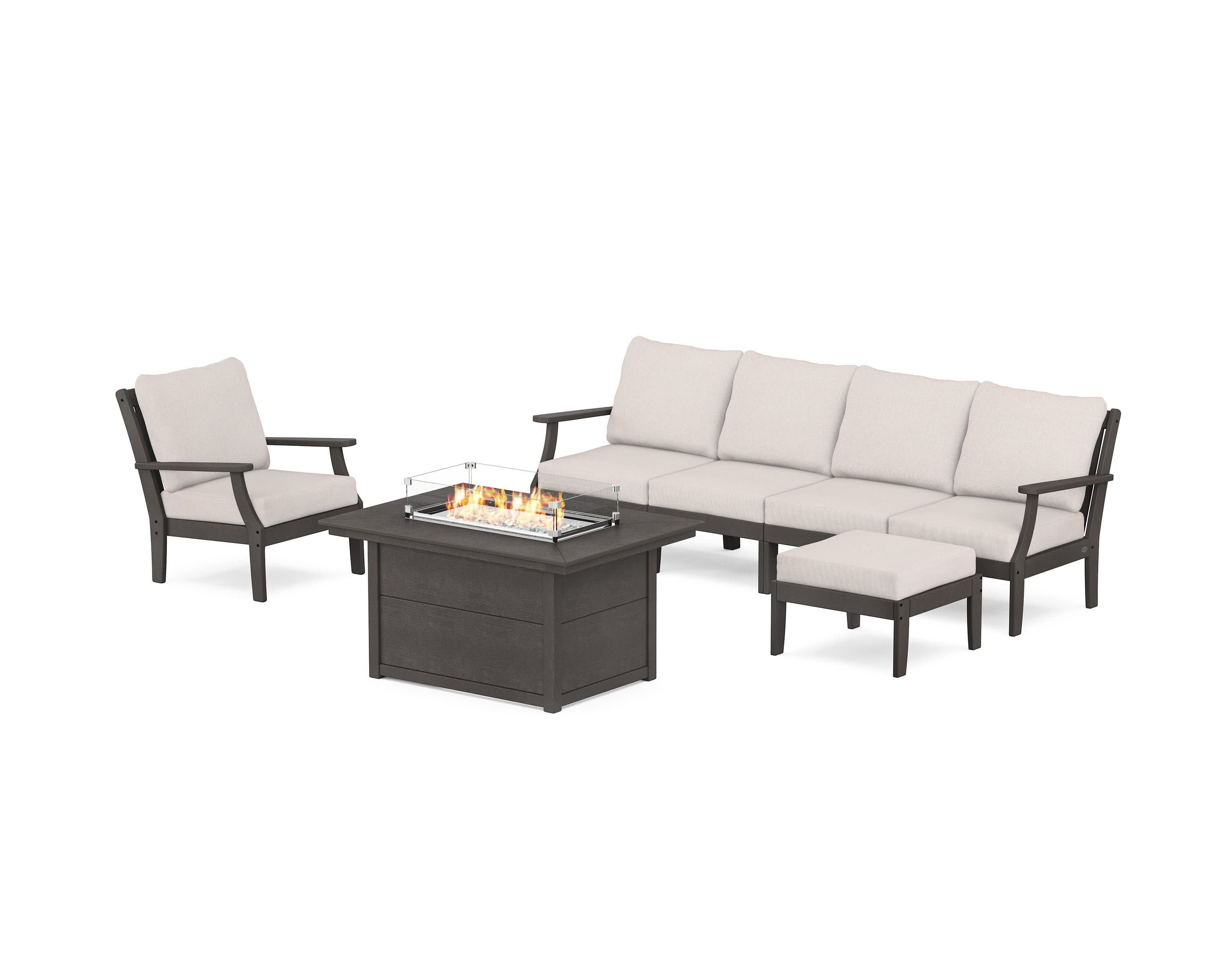 Braxton Sectional Lounge and Fire Pit Set in Vintage Coffee / Dune Burlap