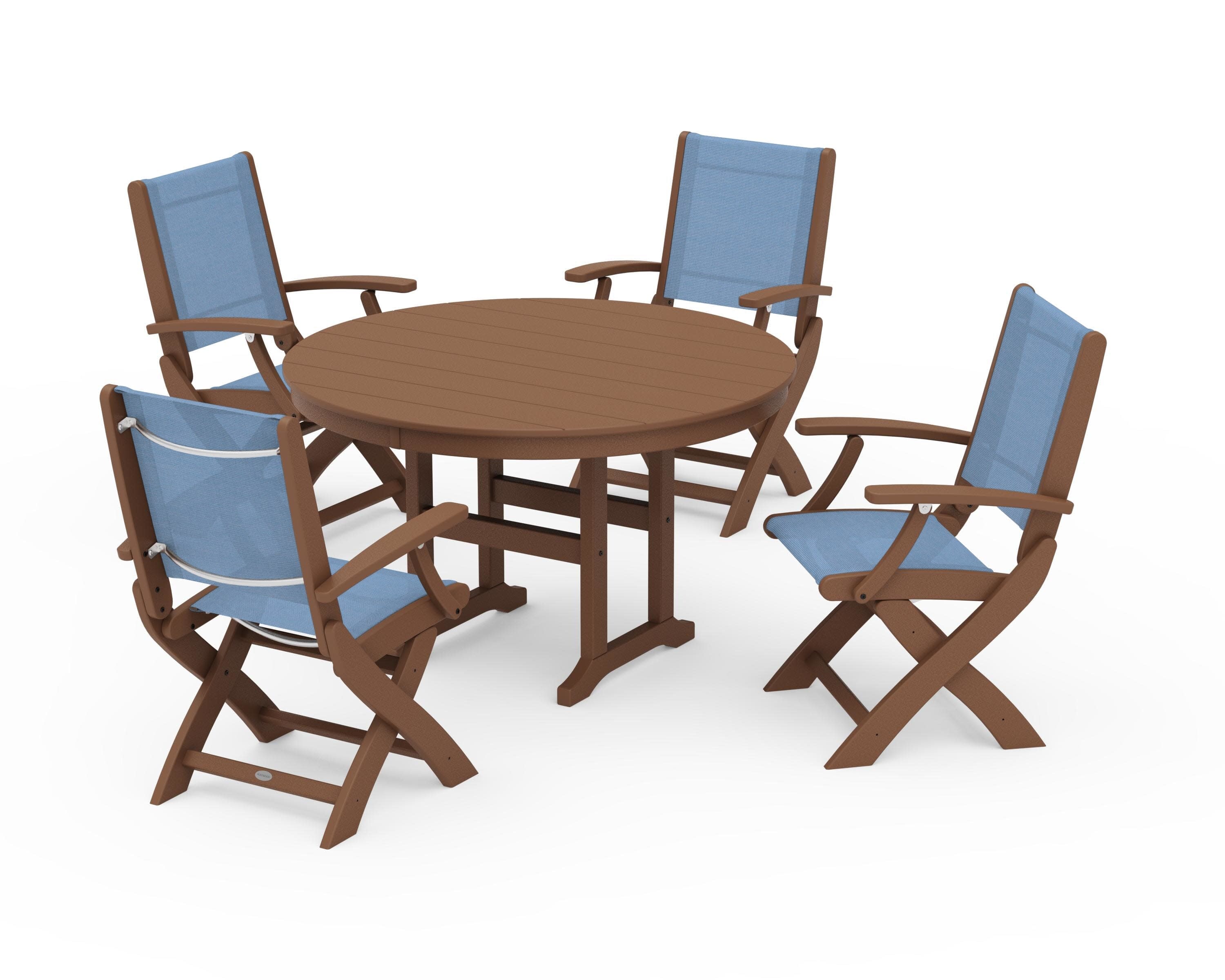 Coastal Folding Chair 5-Piece Round Dining Set in Teak / Poolside Sling