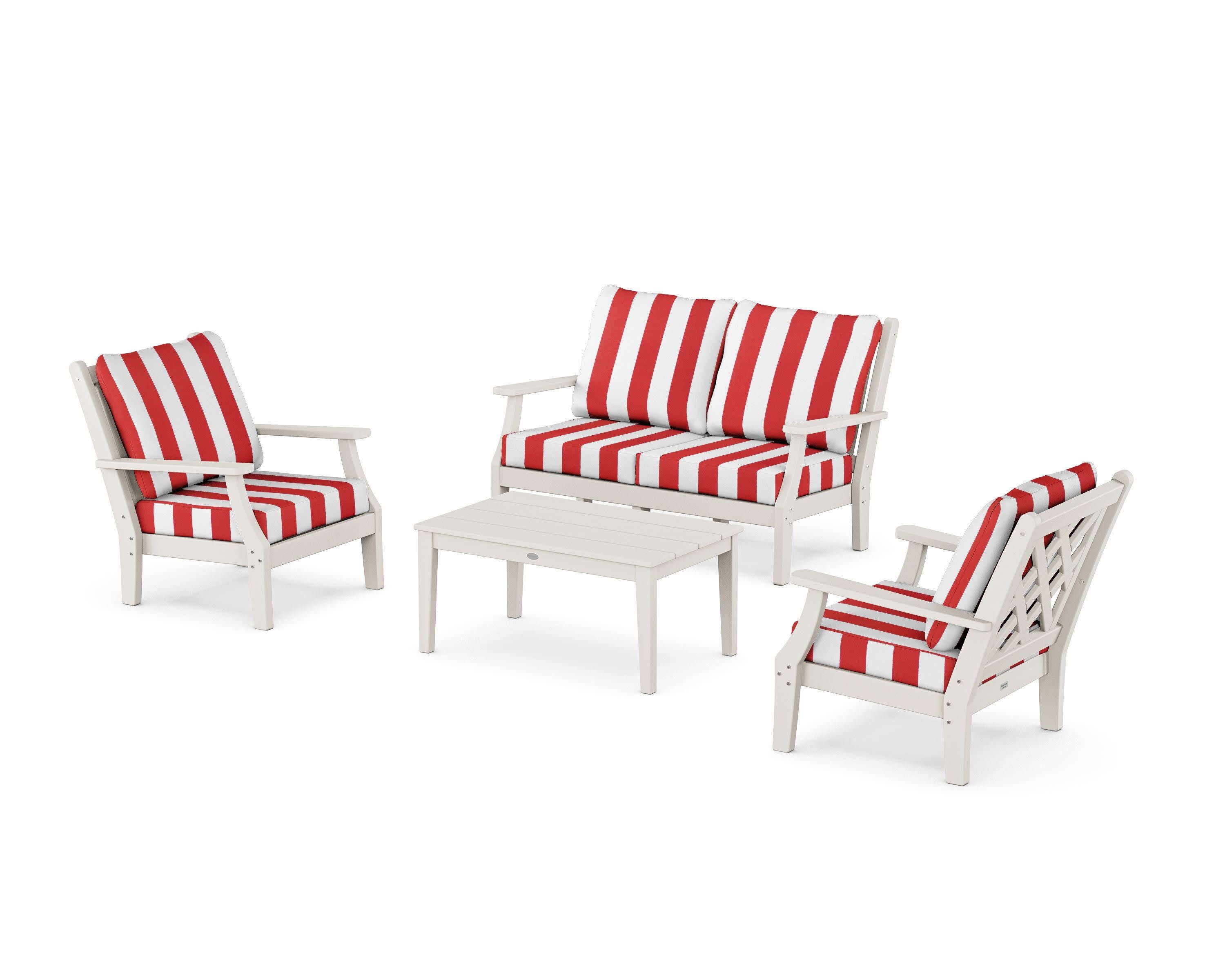 Wovendale 4-Piece Deep Seating Set with Loveseat in Sand / Cabana Stripe Crimson